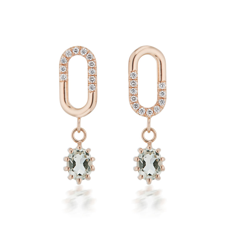 Vale Jewelry Oval Diagonal Diamond & Prasiolite Lock Earrings in Rose Gold Front View