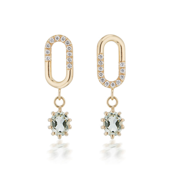 Oval Diagonal Diamond & Prasiolite Lock Earrings