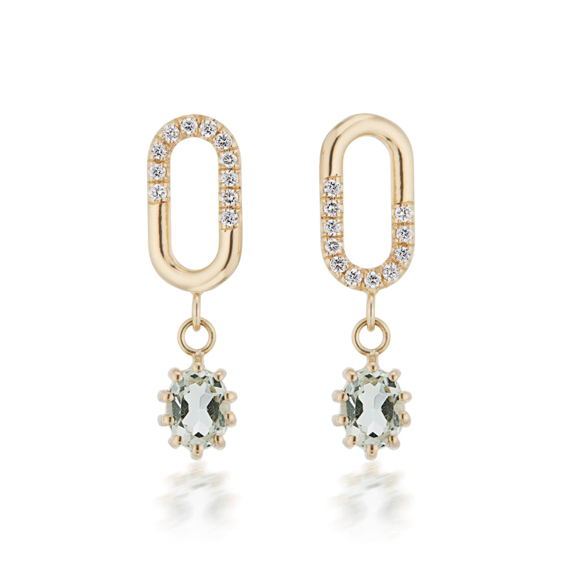 Vale Jewelry Oval Diagonal Diamond & Prasiolite Lock Earrings in Yellow Gold Front View