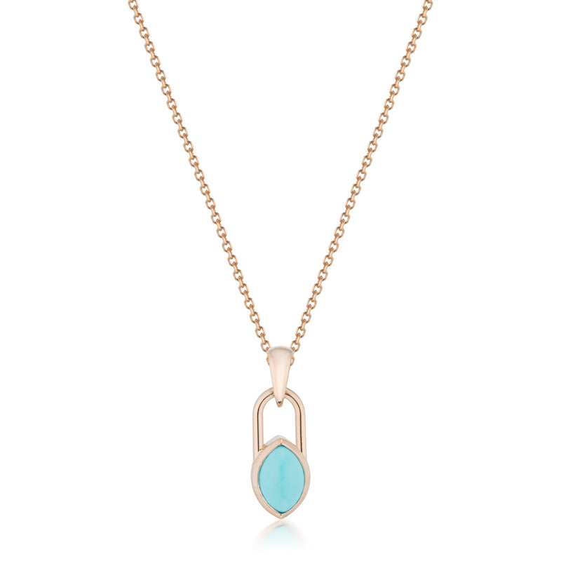 Vale Jewelry Marquise Lock Necklace with Turquoise in Rose Gold Close Up