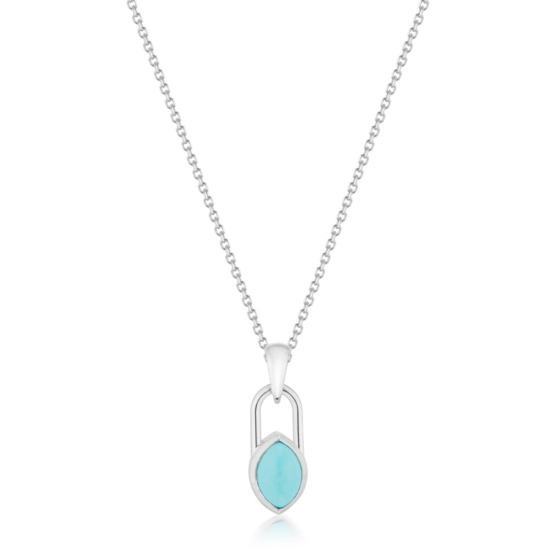 Vale Jewelry Marquise Lock Necklace with Turquoise in White Gold Close Up