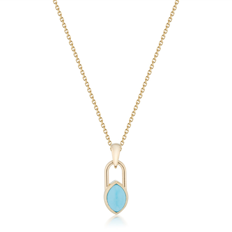 Vale Jewelry Marquise Lock Necklace with Turquoise in Yellow Gold Close Up