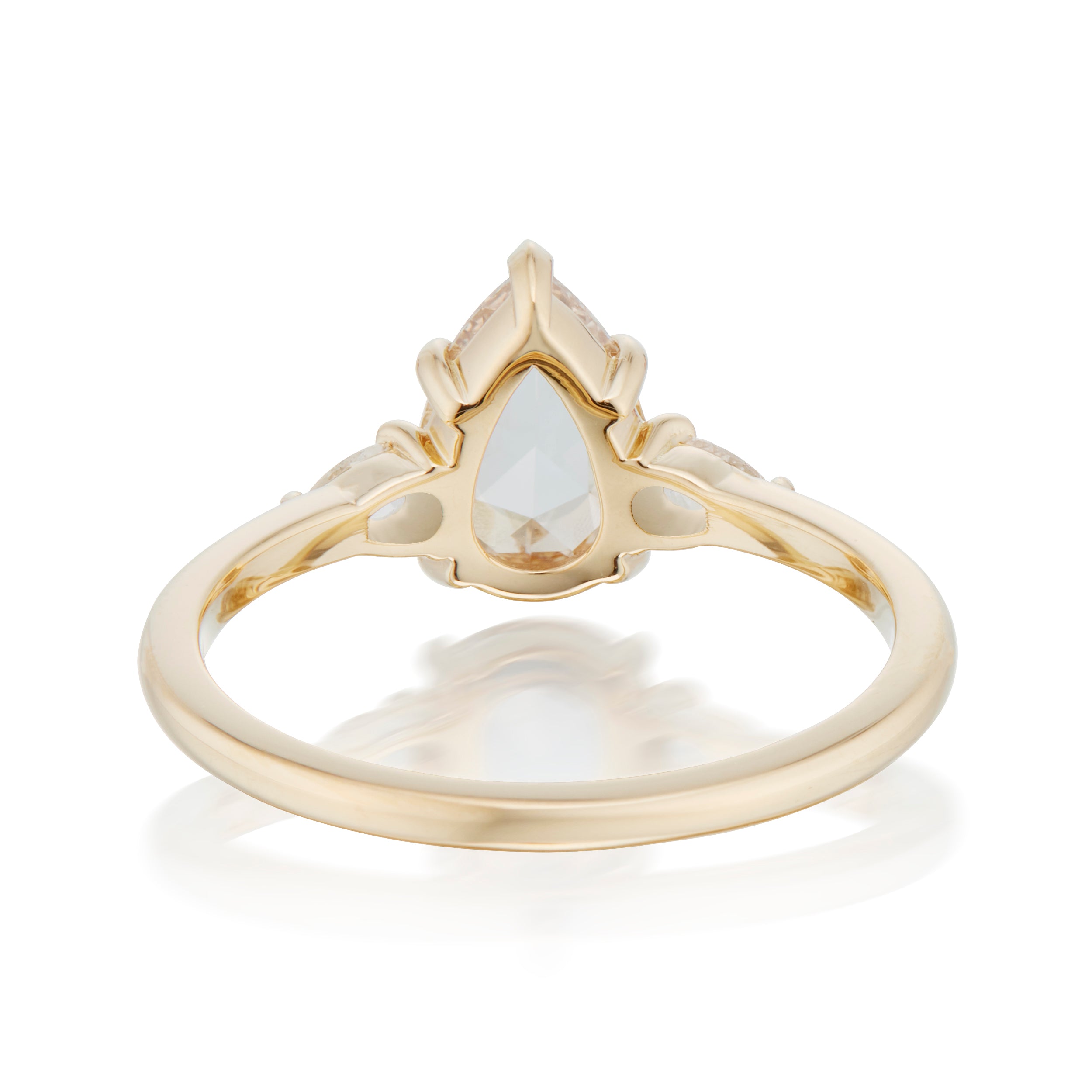 One of a Kind 1.00 Carat 3 Pear Rose Cut Diamond Ring in Yellow Gold Back View