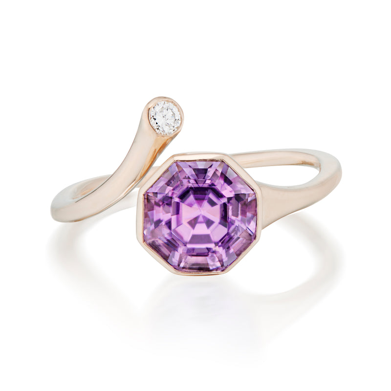 Octagon Amethyst and Round Diamond Twist Ring Rose Gold Front Image