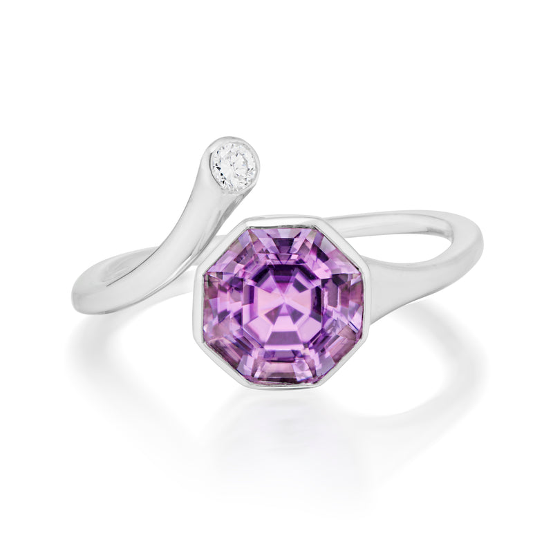 Octagon Amethyst and Round Diamond Twist Ring White Gold Front Image