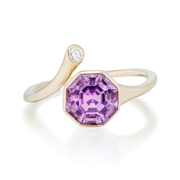 Octagon Amethyst and Round Diamond Twist Ring Yellow Gold Front Image