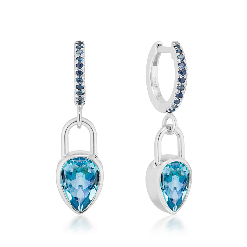 Vale Jewelry Pear Lock Blue Topaz & Sapphire Huggie Earrings in White Gold 