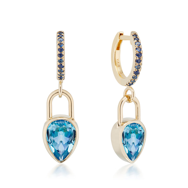 Pear Lock Blue Topaz & Sapphire Huggie Earrings