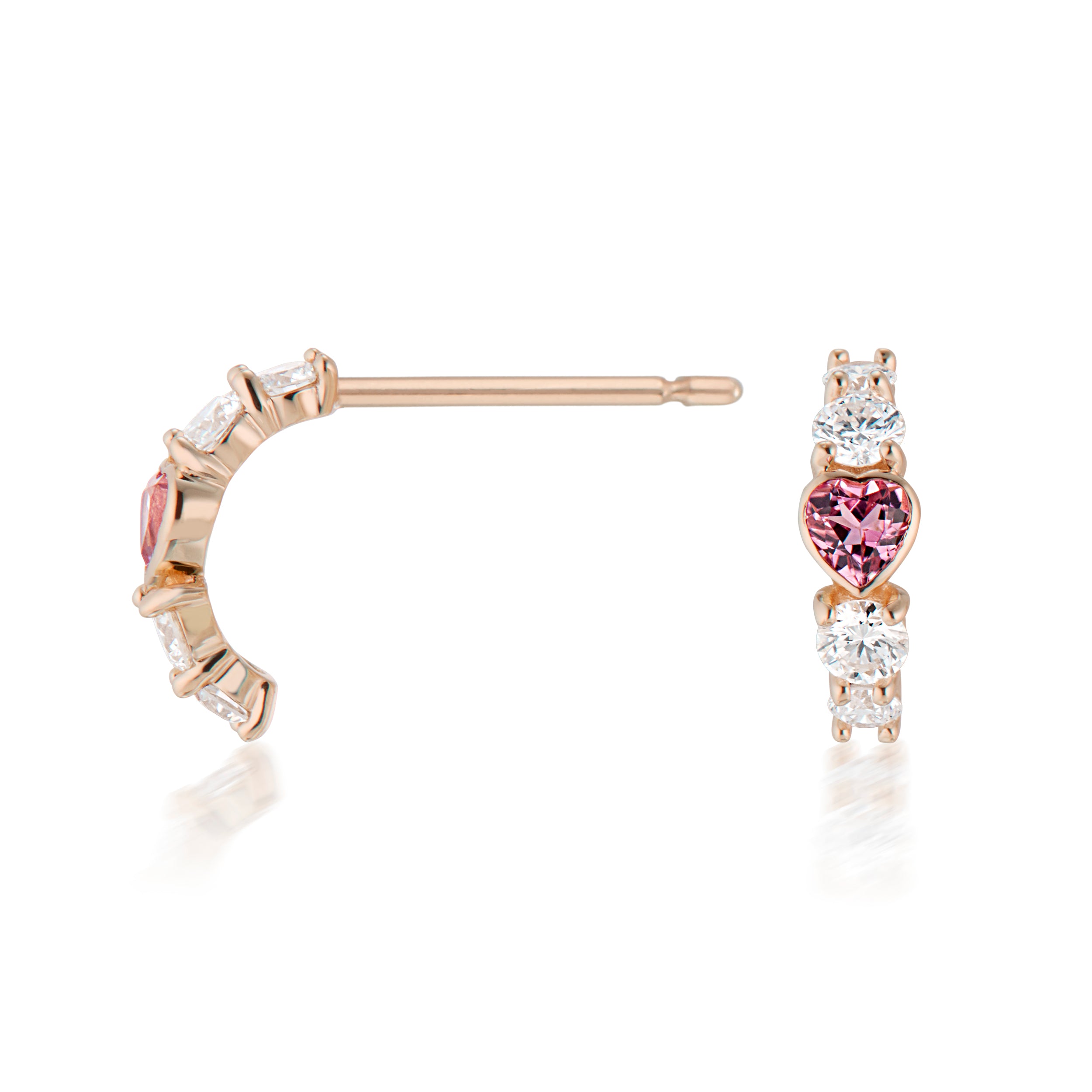 Pink Tourmaline Heart And Diamond Half Hoop Earrings Pink Front Side View