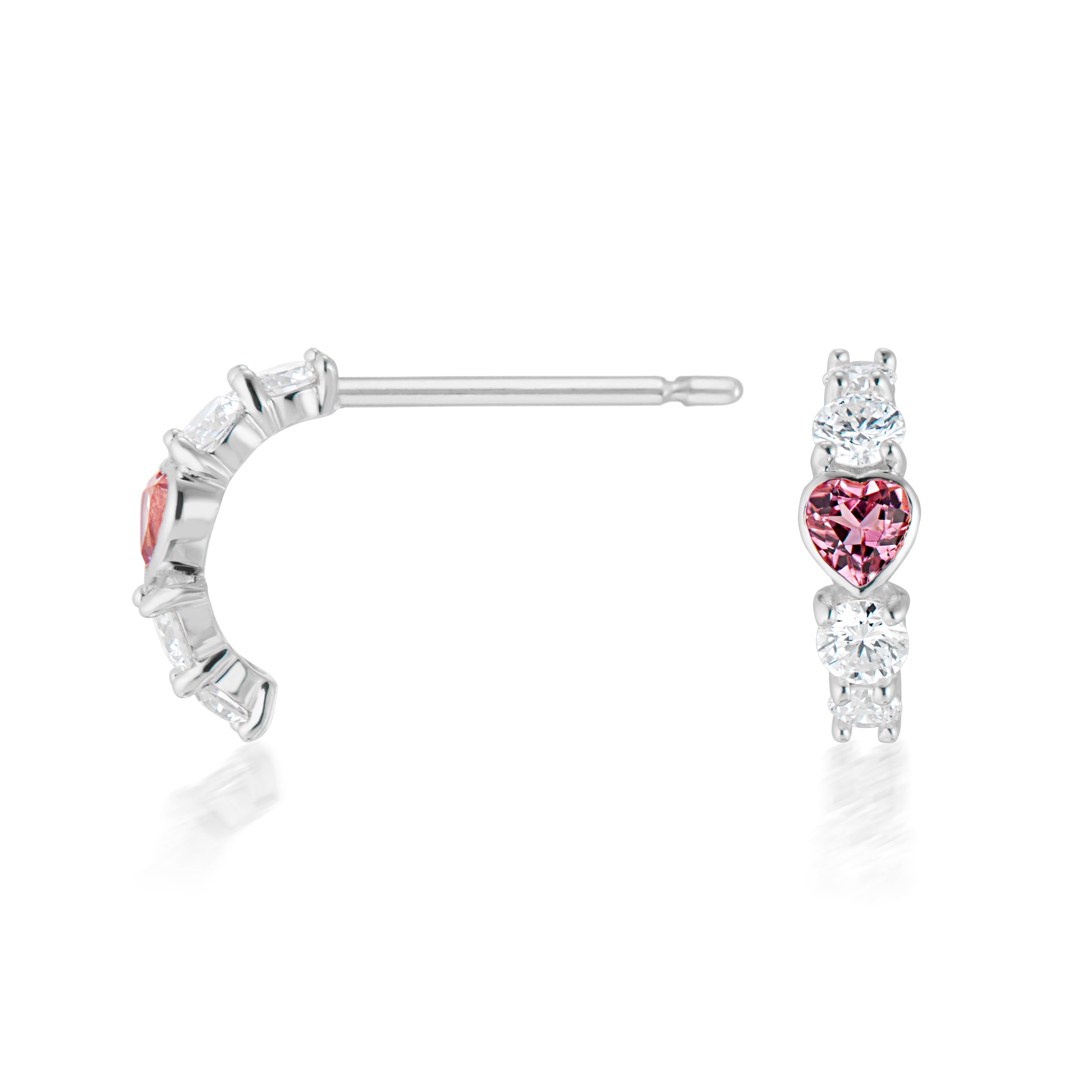Pink Tourmaline Heart And Diamond Half Hoop Earrings White Front Side View