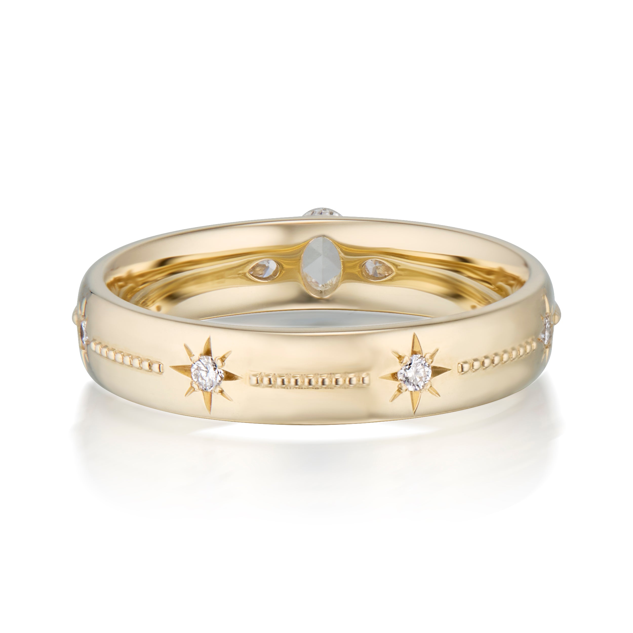 Alt="Vale Jewelry Rainfall 3 Stone Milgrain Band Yellow Gold Back View"