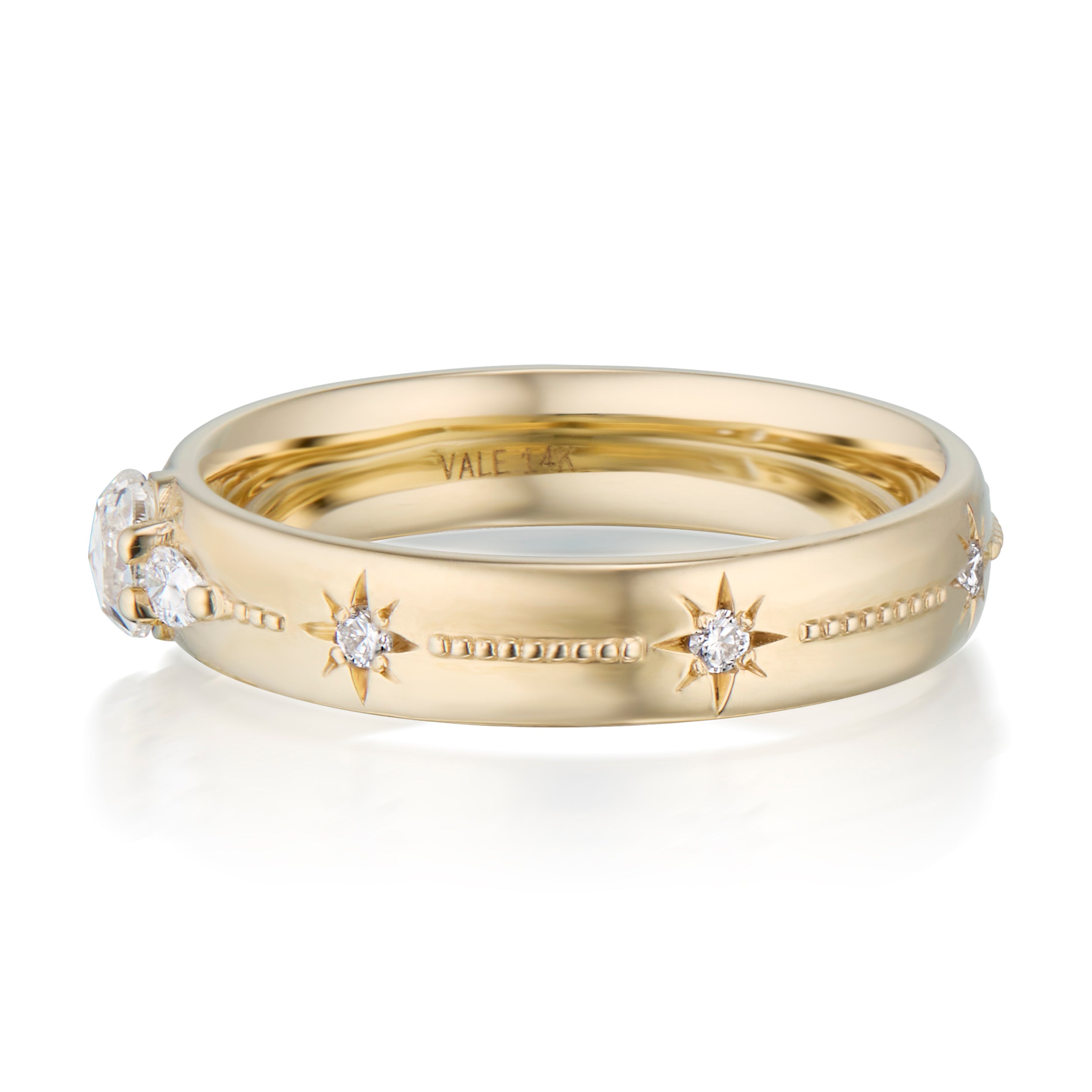 Alt="Vale Jewelry Rainfall 3 Stone Milgrain Band Yellow Gold Side View"