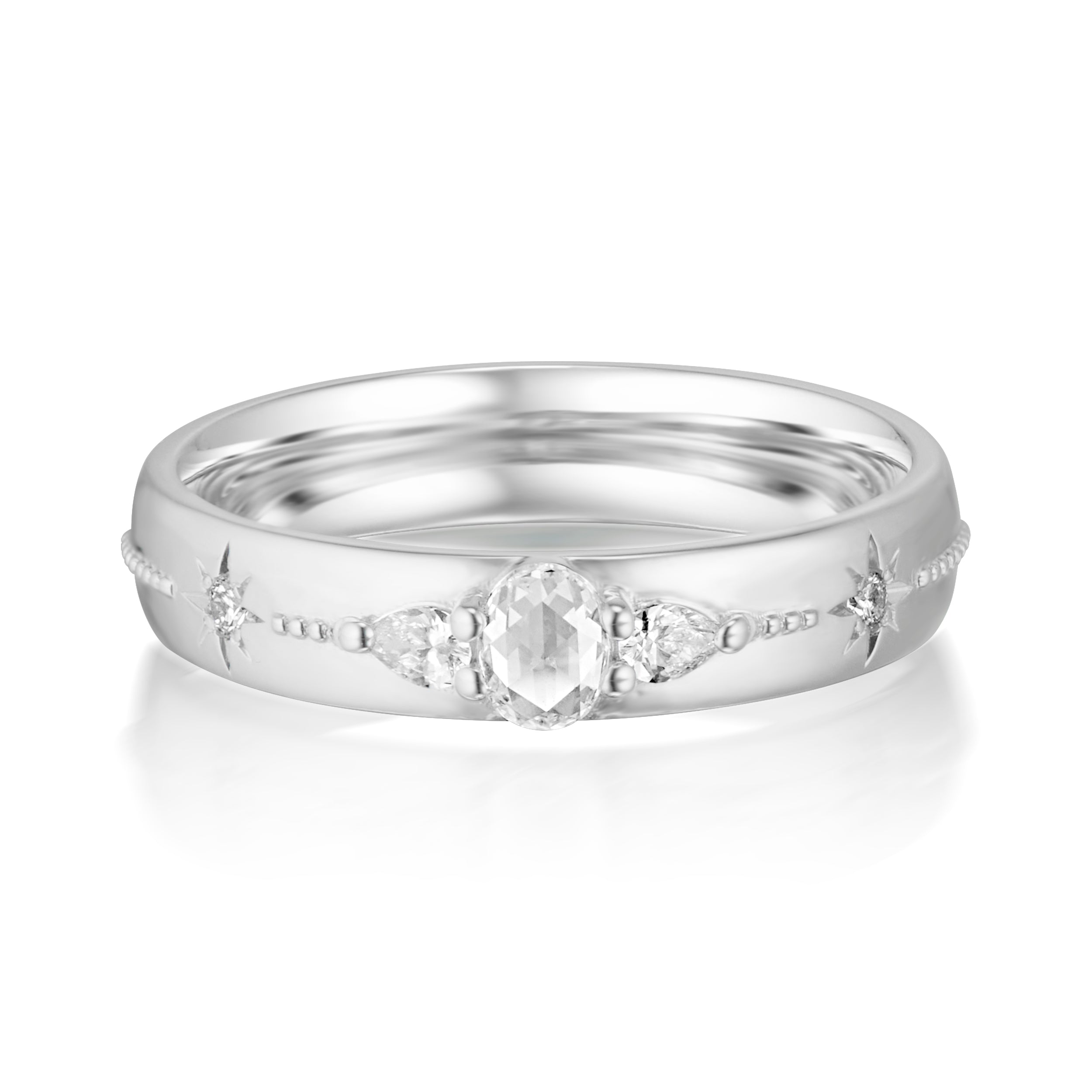 Alt="Vale Jewelry Rainfall 3 Stone Milgrain Band White Gold Front View"
