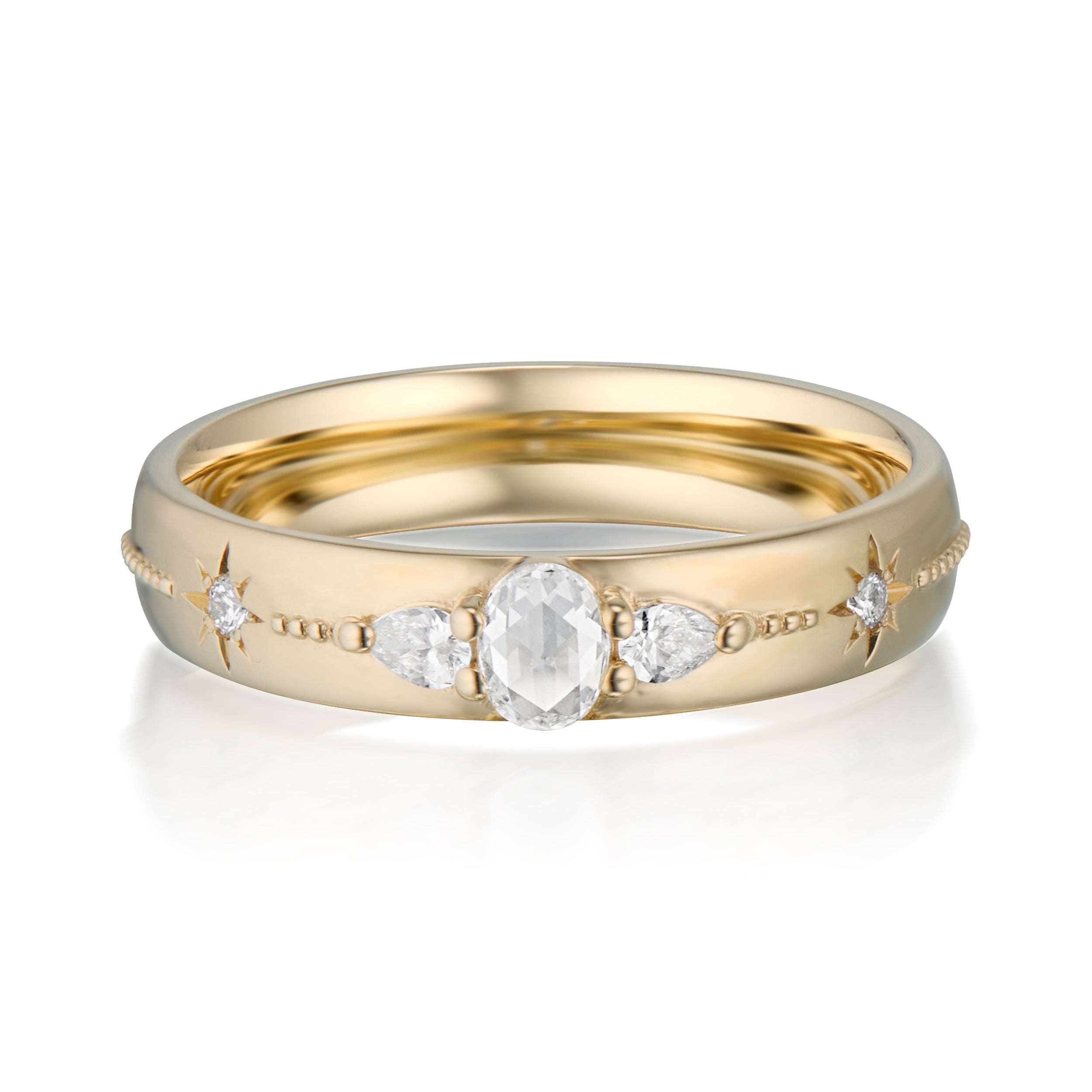 Alt="Vale Jewelry Rainfall 3 Stone Milgrain Band Yellow Gold Front View"