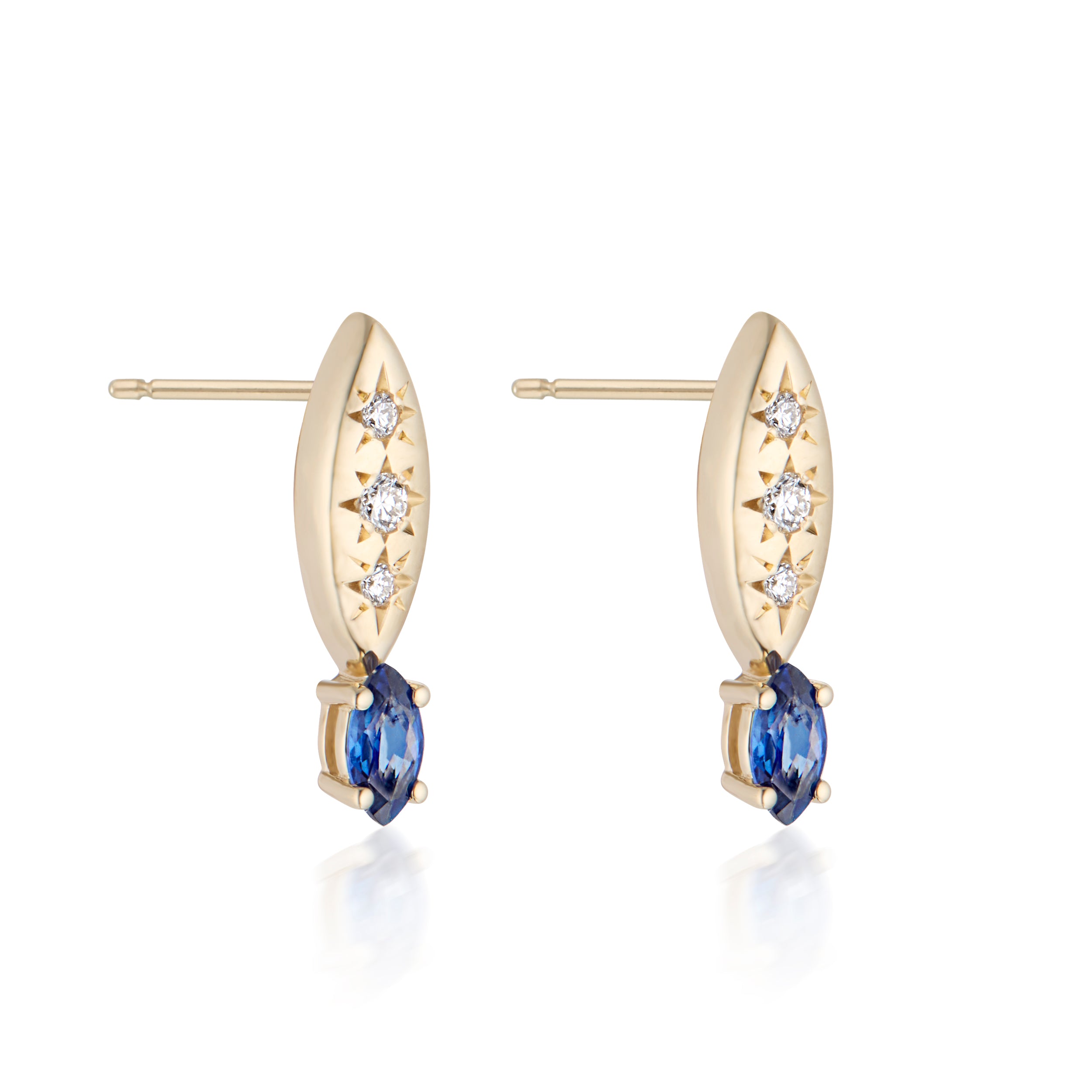 Alt="Vale Jewelry Rainfall Marquise Earrings with Marquise Cut Sapphires Yellow Gold 3/4 view"