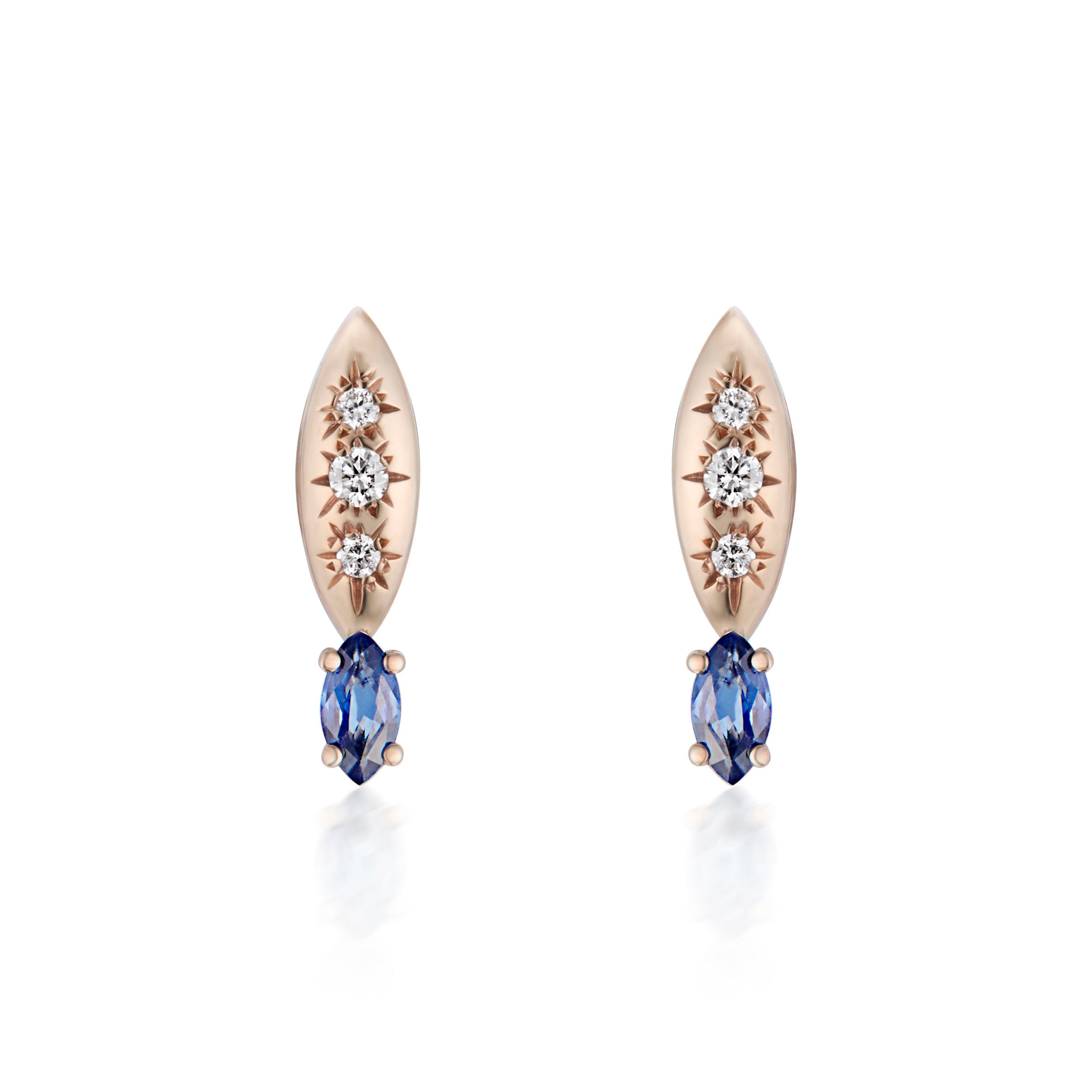 Alt="Vale Jewelry Rainfall Marquise Earrings with Marquise Cut Sapphires Rose Gold Close Up"