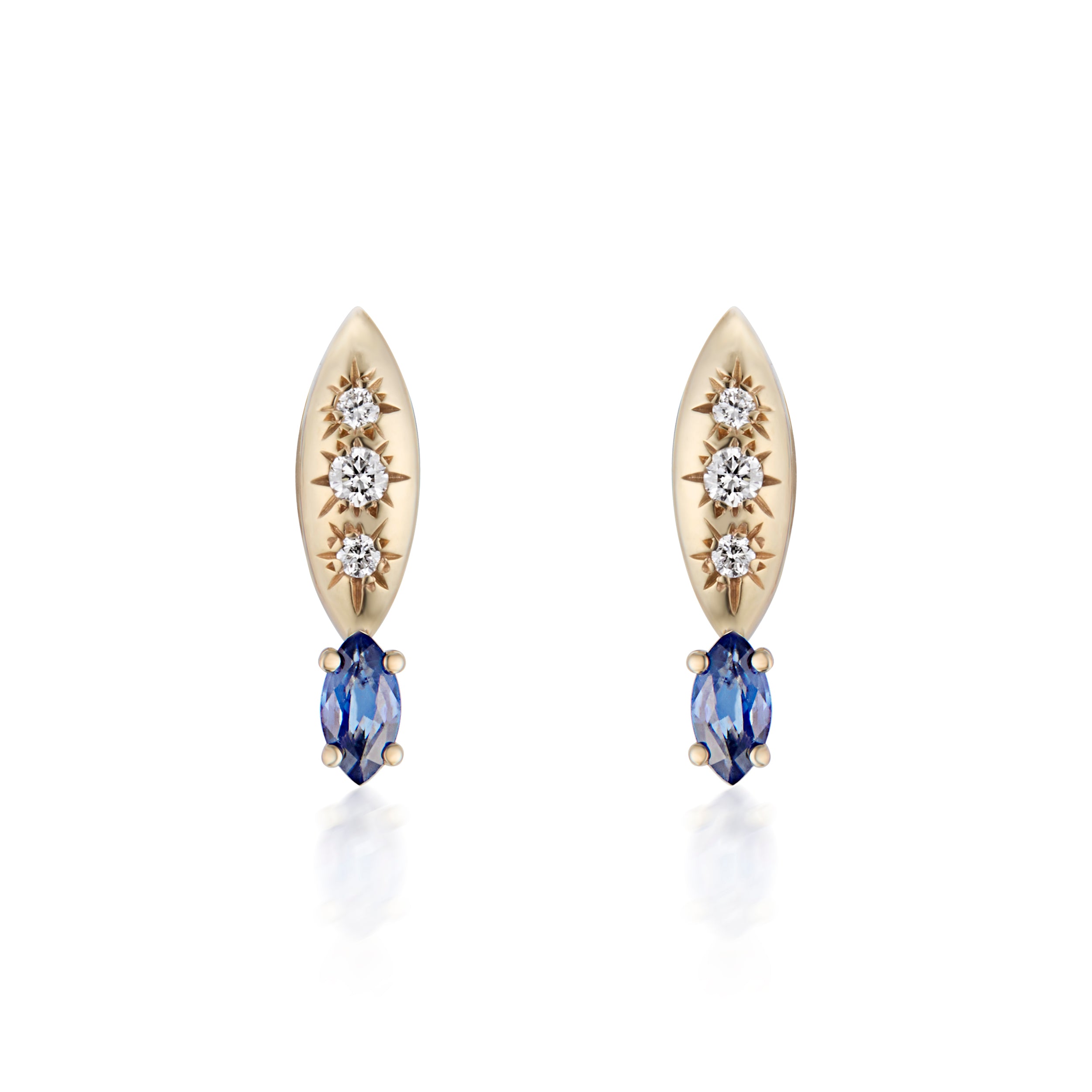 Alt="Vale Jewelry Rainfall Marquise Earrings with Marquise Cut Sapphires Yellow Gold Close Up"