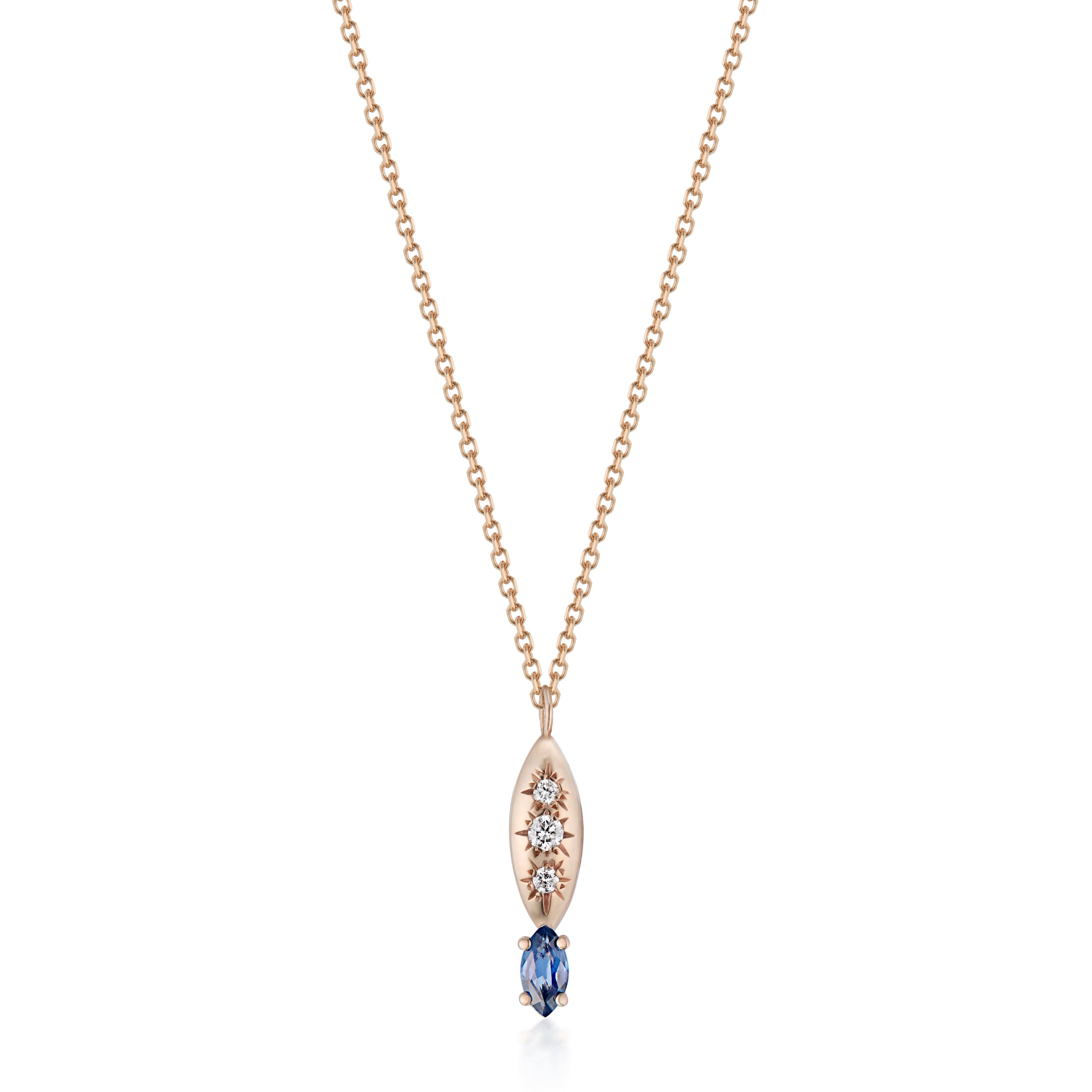 Alt="Vale Jewelry Rainfall Marquise with Marquise Cut Sapphire Necklace Rose Gold Close Up"