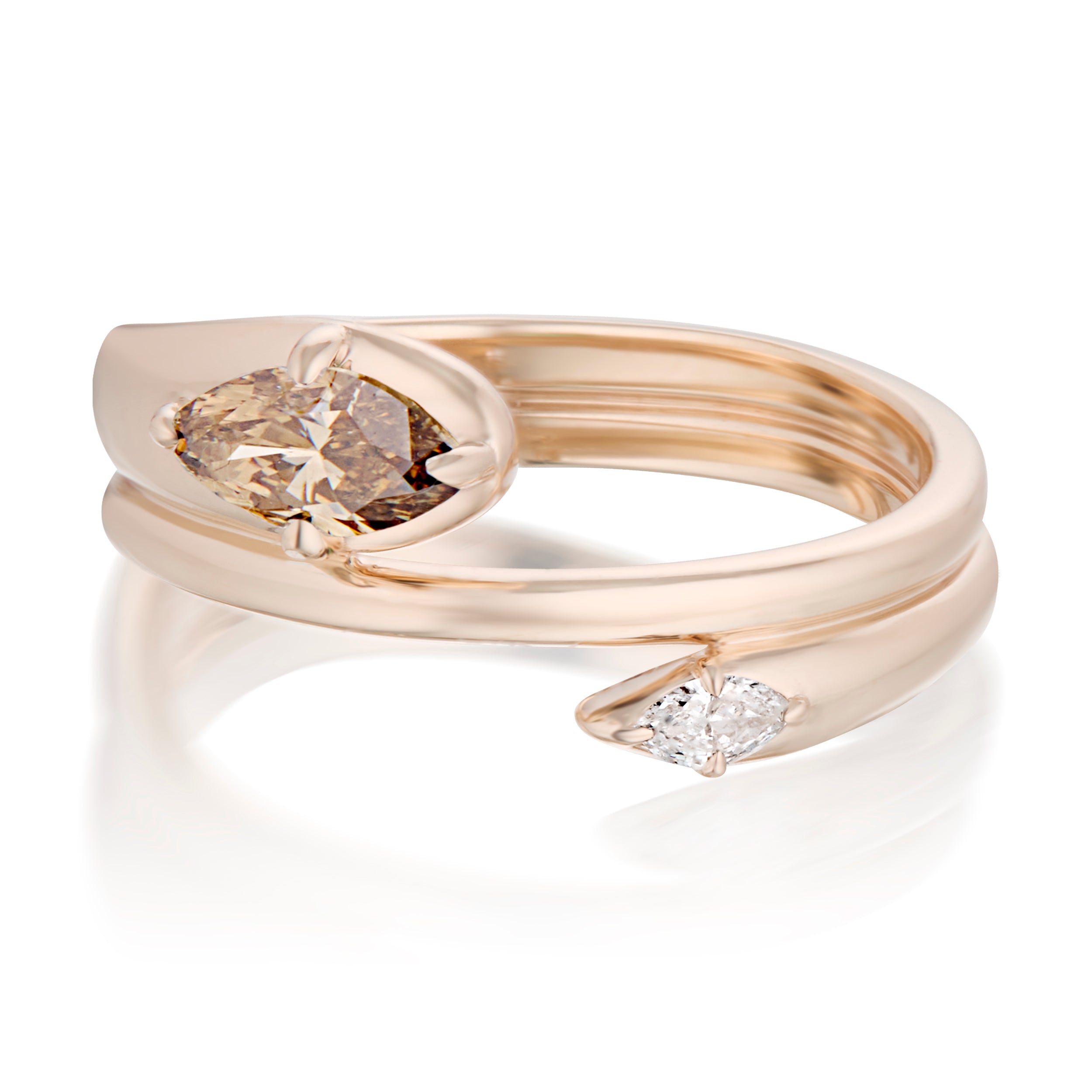 Alt="Vale Jewelry Rainfall Open Double Marquise Champagne Diamond Coil Ring Rose Gold Front View"