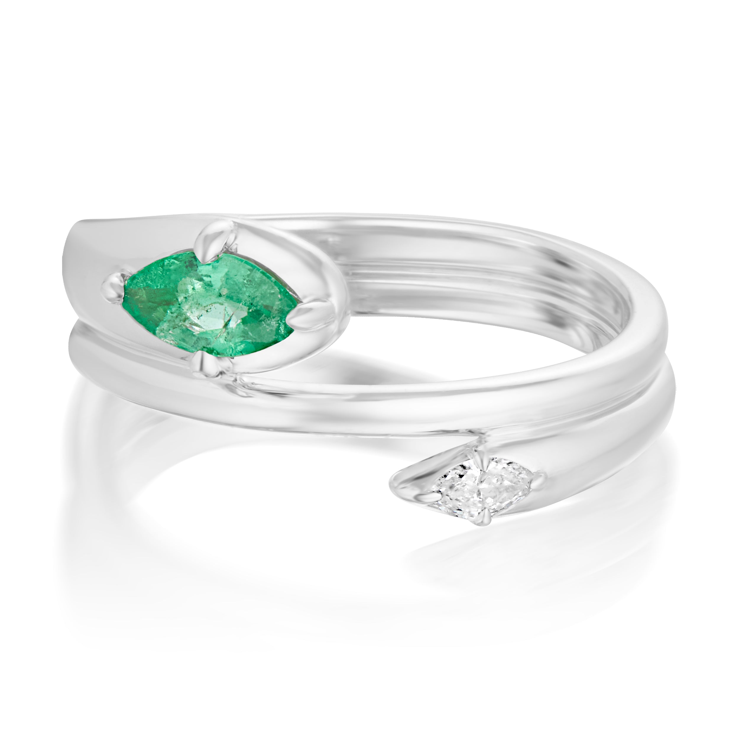 Alt="Vale Jewelry Rainfall Open Double Marquise Emerald Coil Ring White Gold Front View"