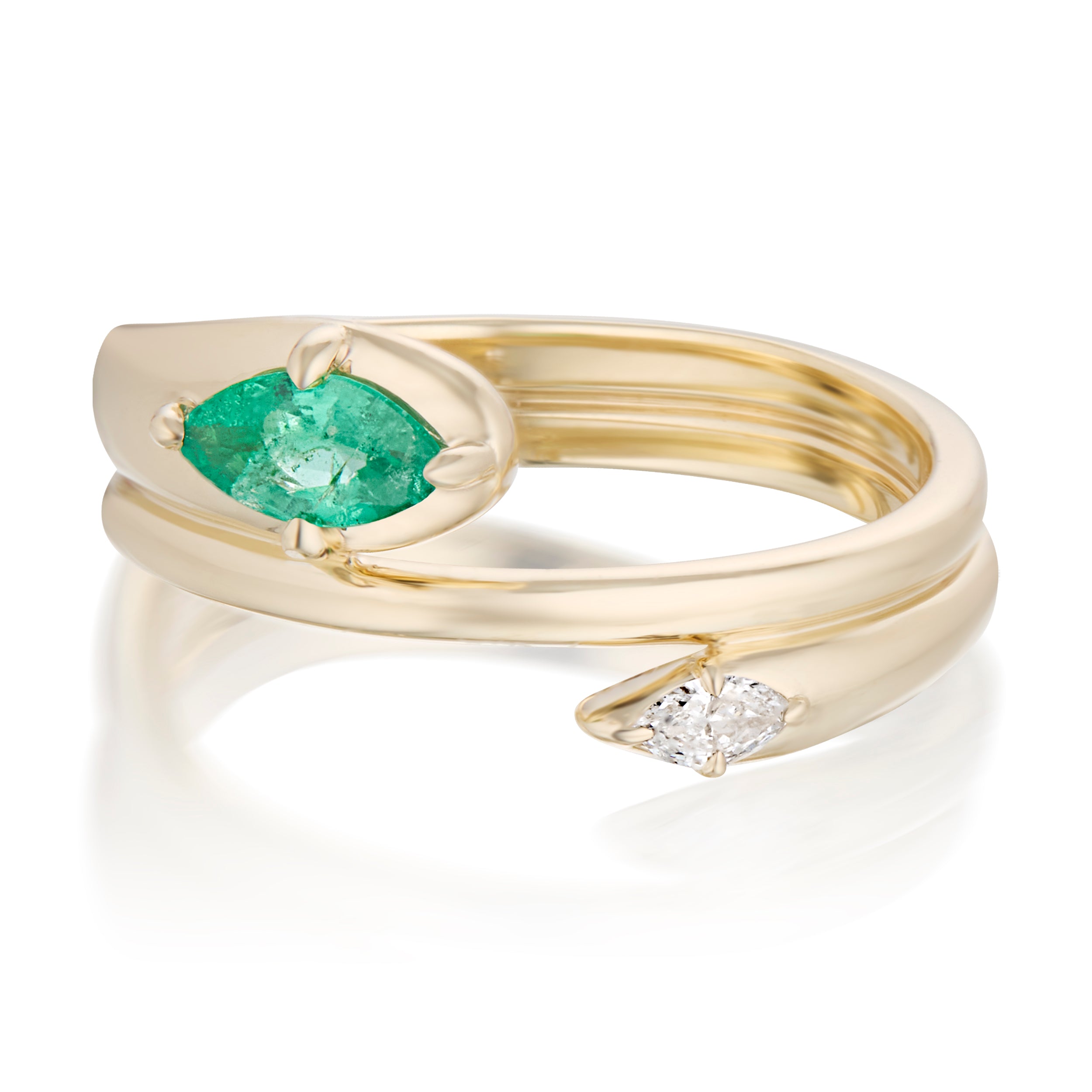 Alt="Vale Jewelry Rainfall Open Double Marquise Emerald Coil Ring Yellow Gold Front View"