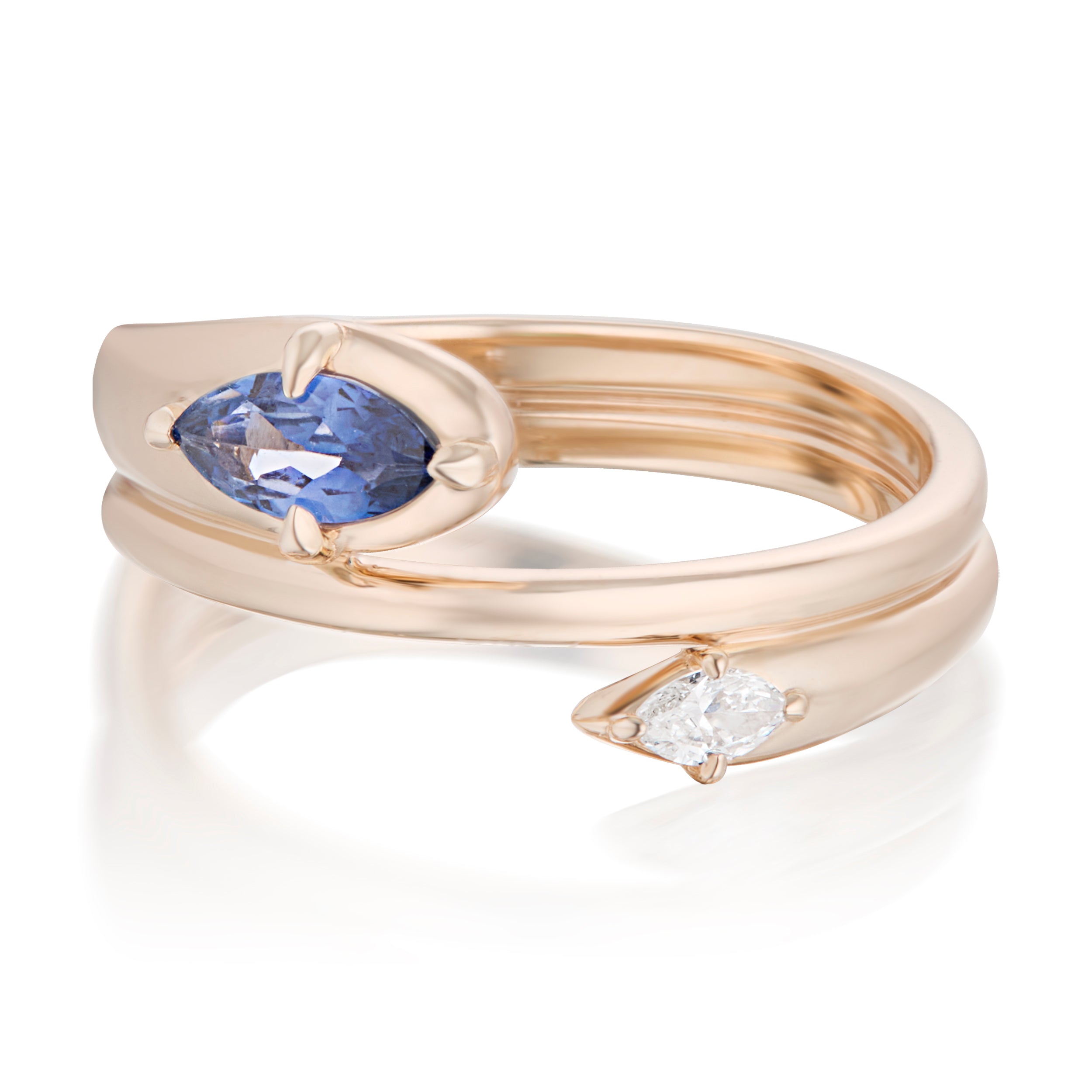 Alt="Vale Jewelry Rainfall Open Double Marquise Sapphire Coil Ring Rose Gold Front View"