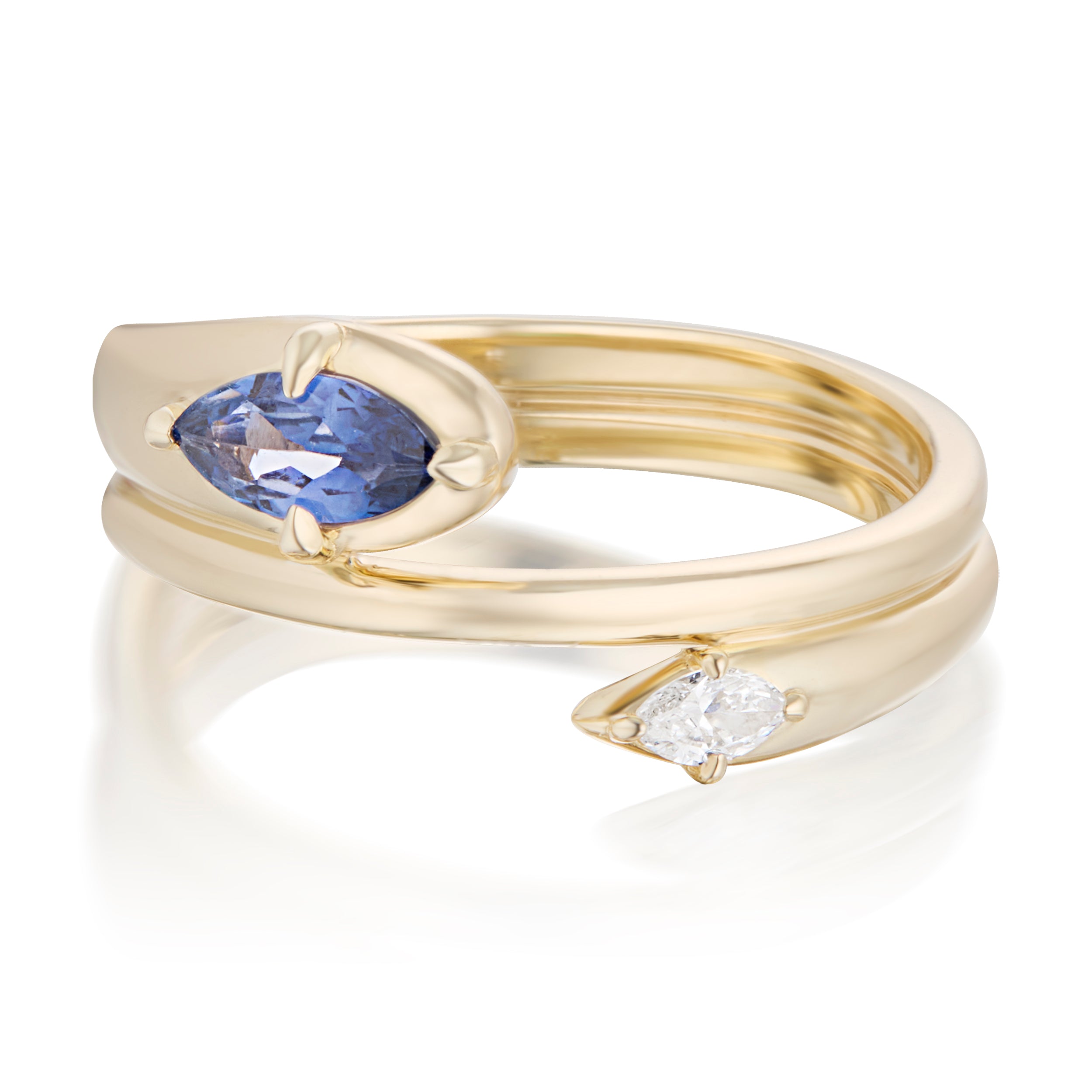 Alt="Vale Jewelry Rainfall Open Double Marquise Sapphire Coil Ring Yellow Gold Front View"