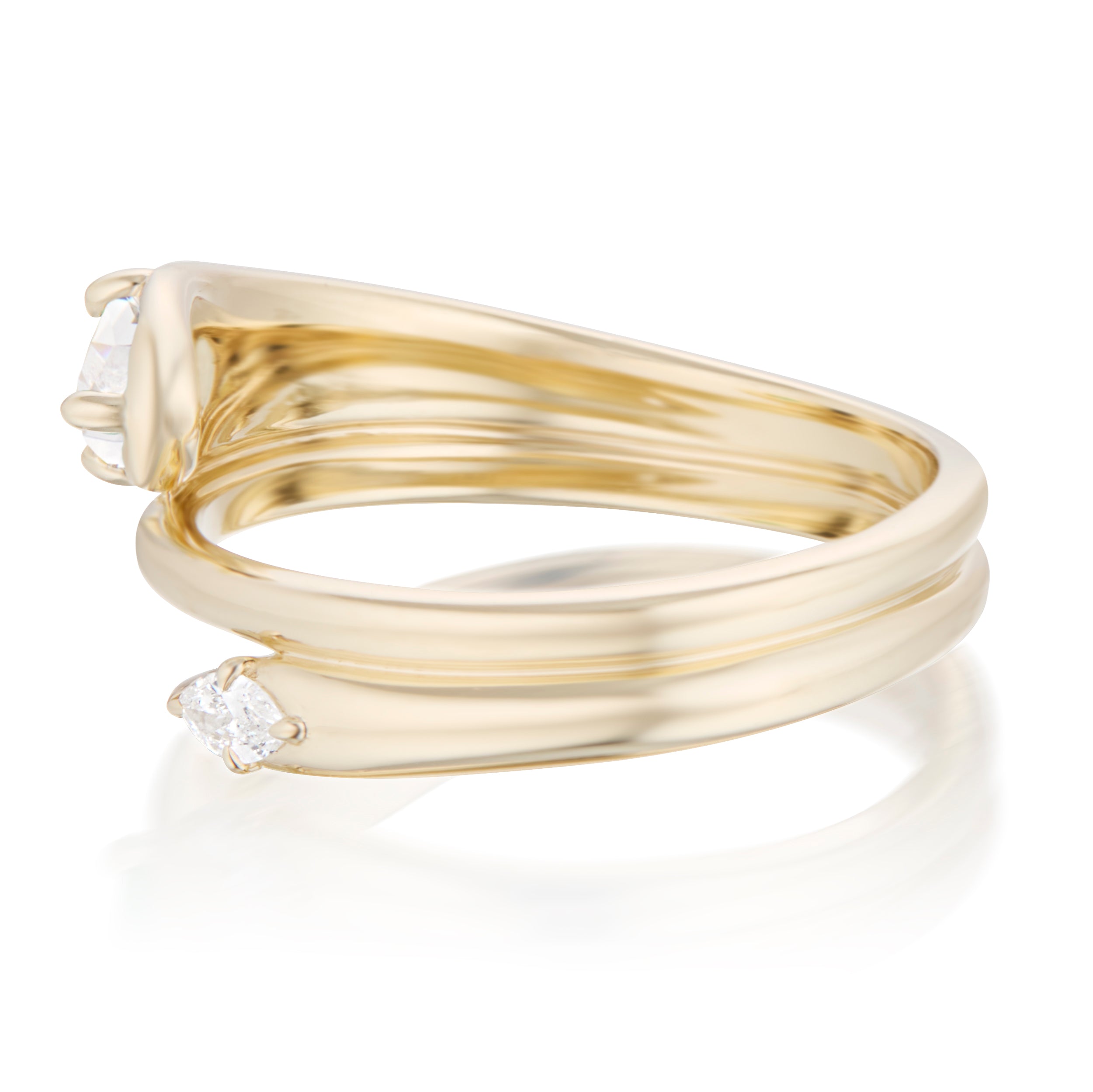 Alt="Vale Jewelry Rainfall Open Double Marquise White Diamond Coil Ring Yellow Gold Side View"