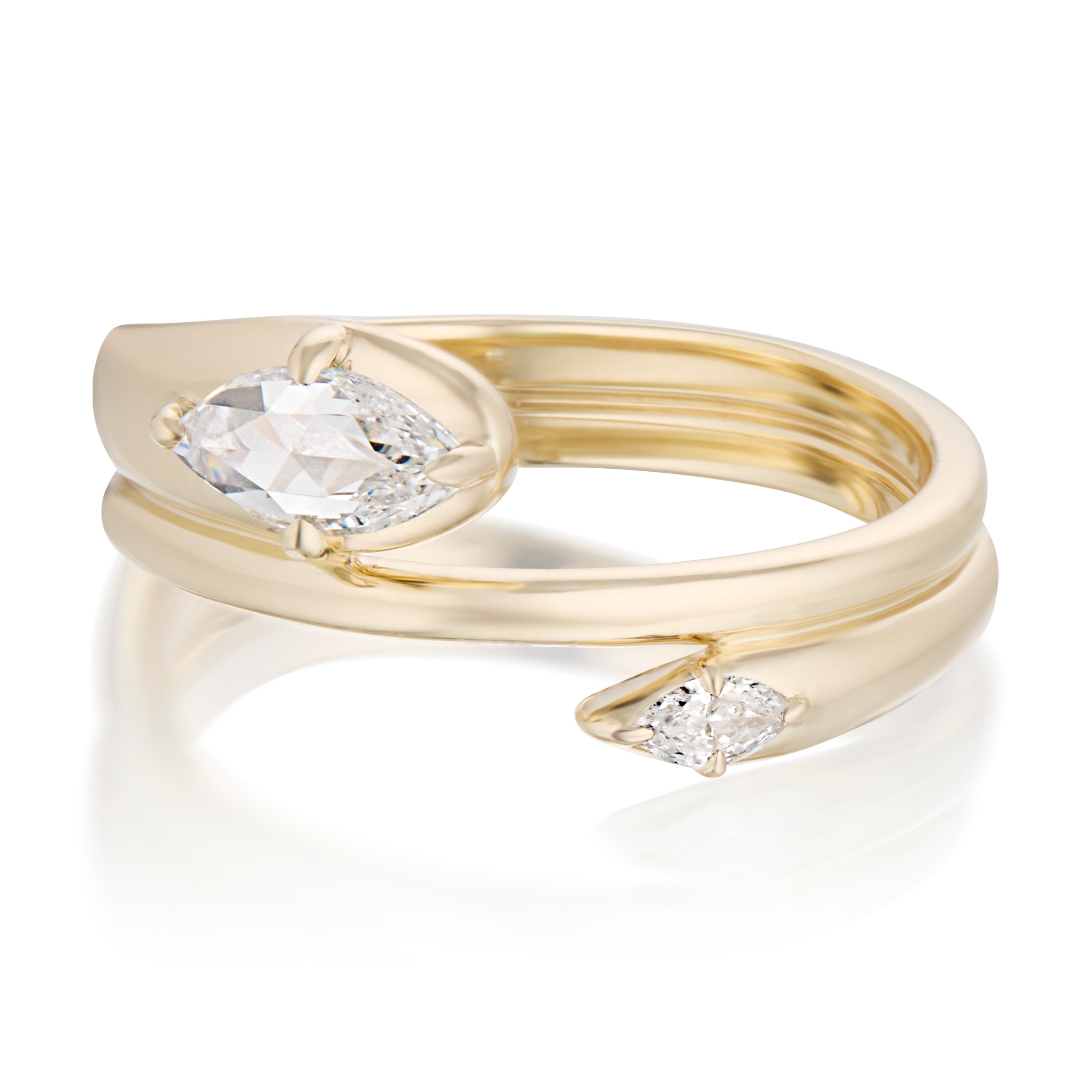 Alt="Vale Jewelry Rainfall Open Double Marquise White Diamond Coil Ring Yellow Gold Front View"