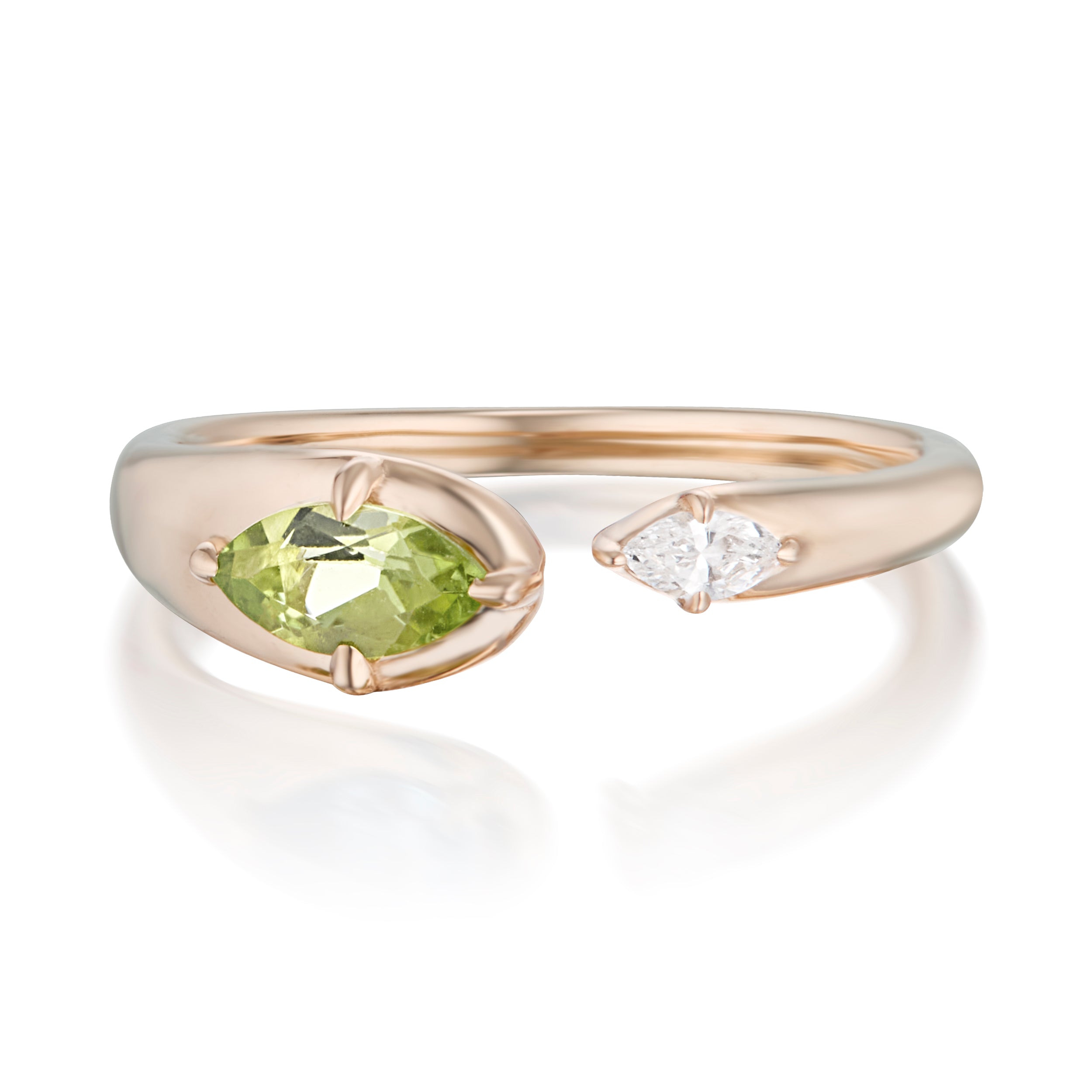 Alt="Vale Jewelry Rainfall Open Marquise Peridot Ring Rose Gold Front View"