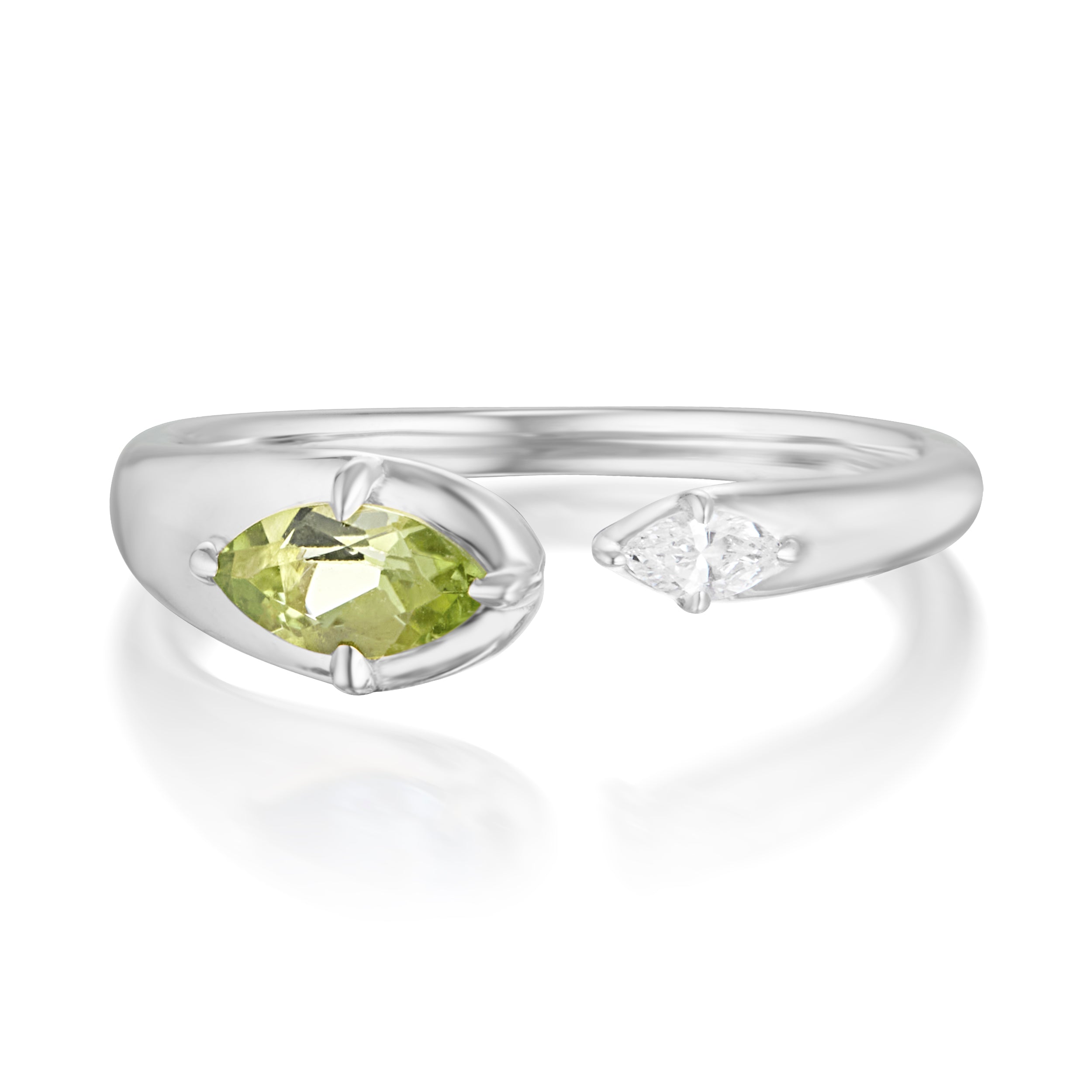 Alt="Vale Jewelry Rainfall Open Marquise Peridot Ring White Gold Front View"