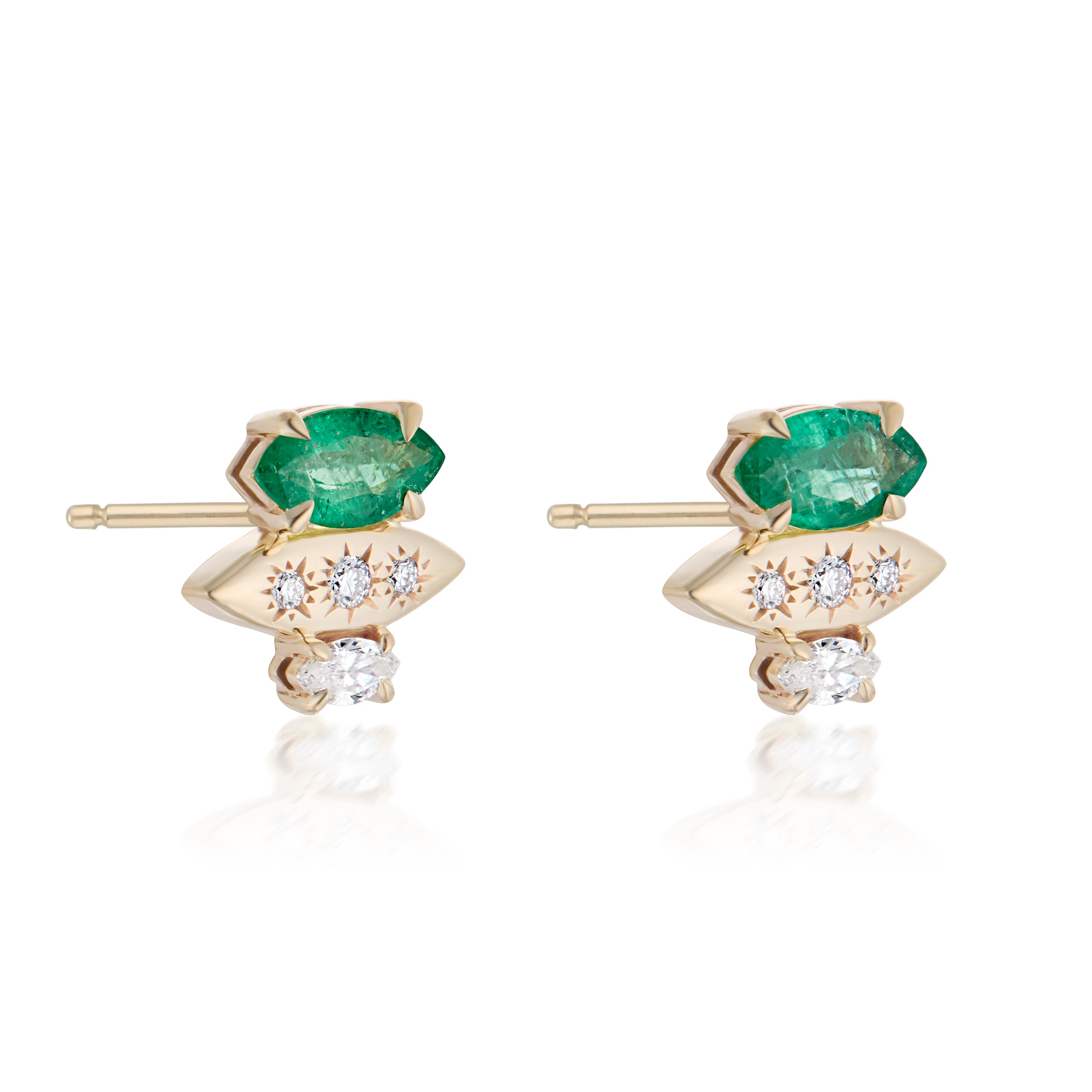 Alt="Vale Jewelry Rainfall Triple Marquise Emerald Earrings Yellow Gold 3/4 View"