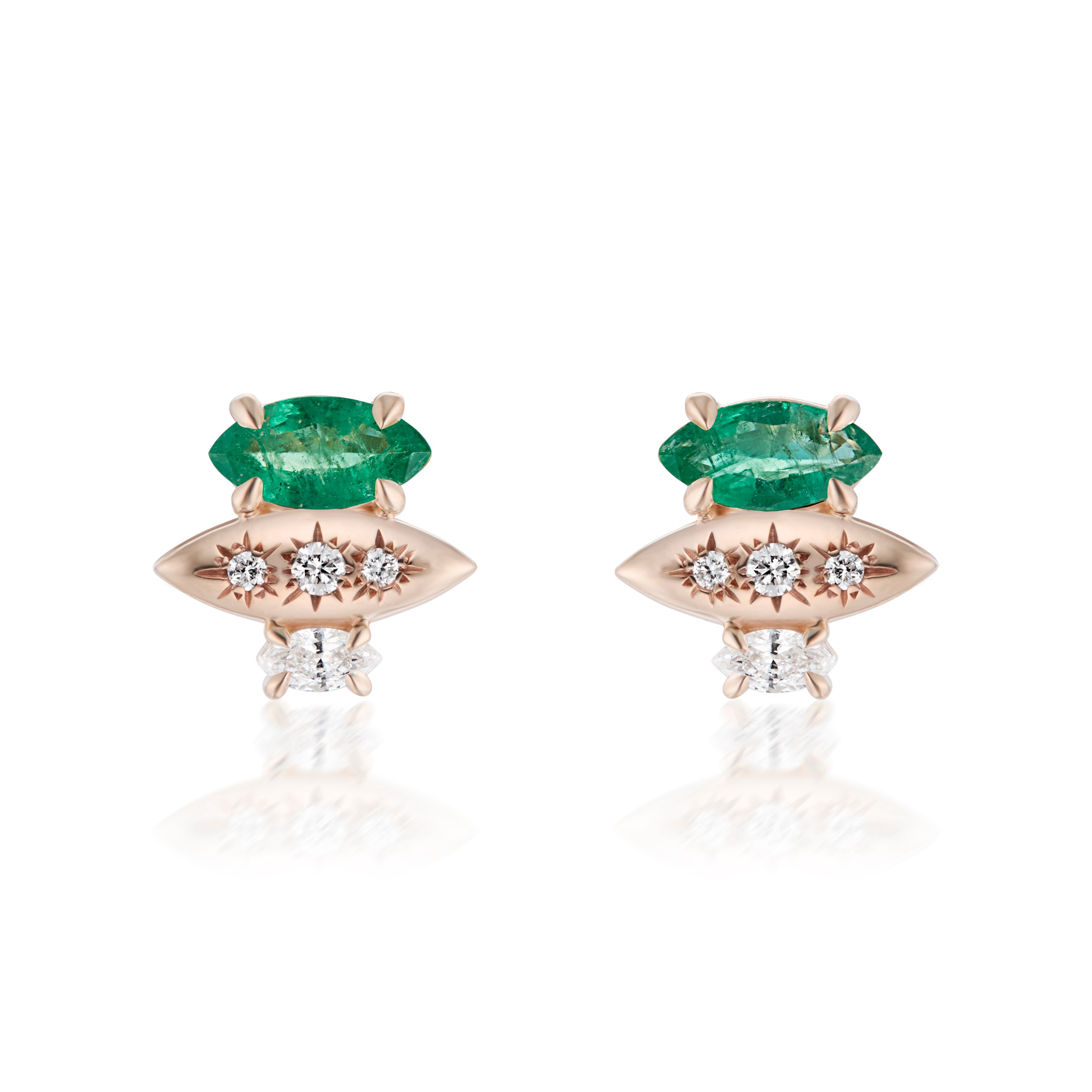 Alt="Vale Jewelry Rainfall Triple Marquise Emerald Earrings Rose Gold Close Up"