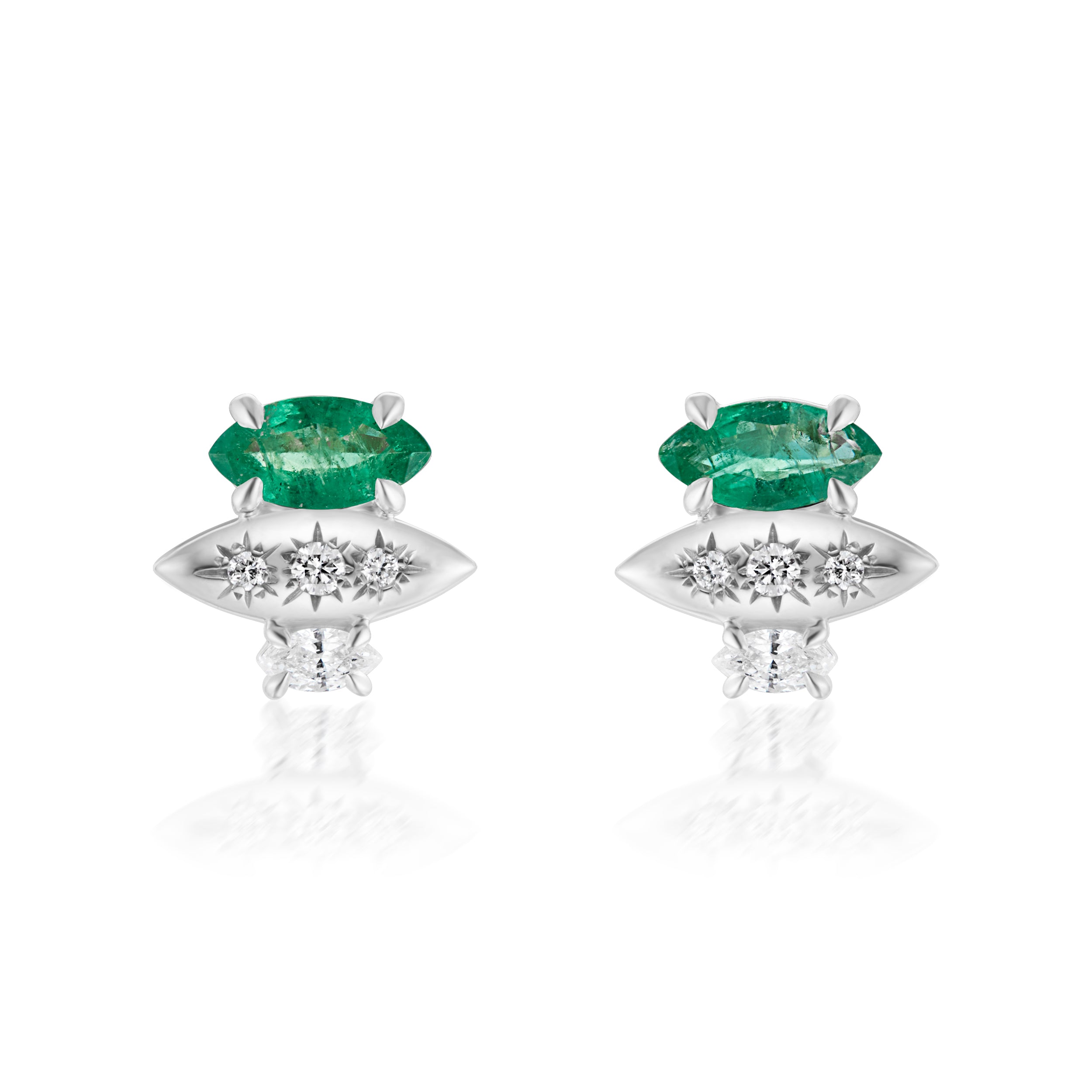 Alt="Vale Jewelry Rainfall Triple Marquise Emerald Earrings White Gold Close Up"