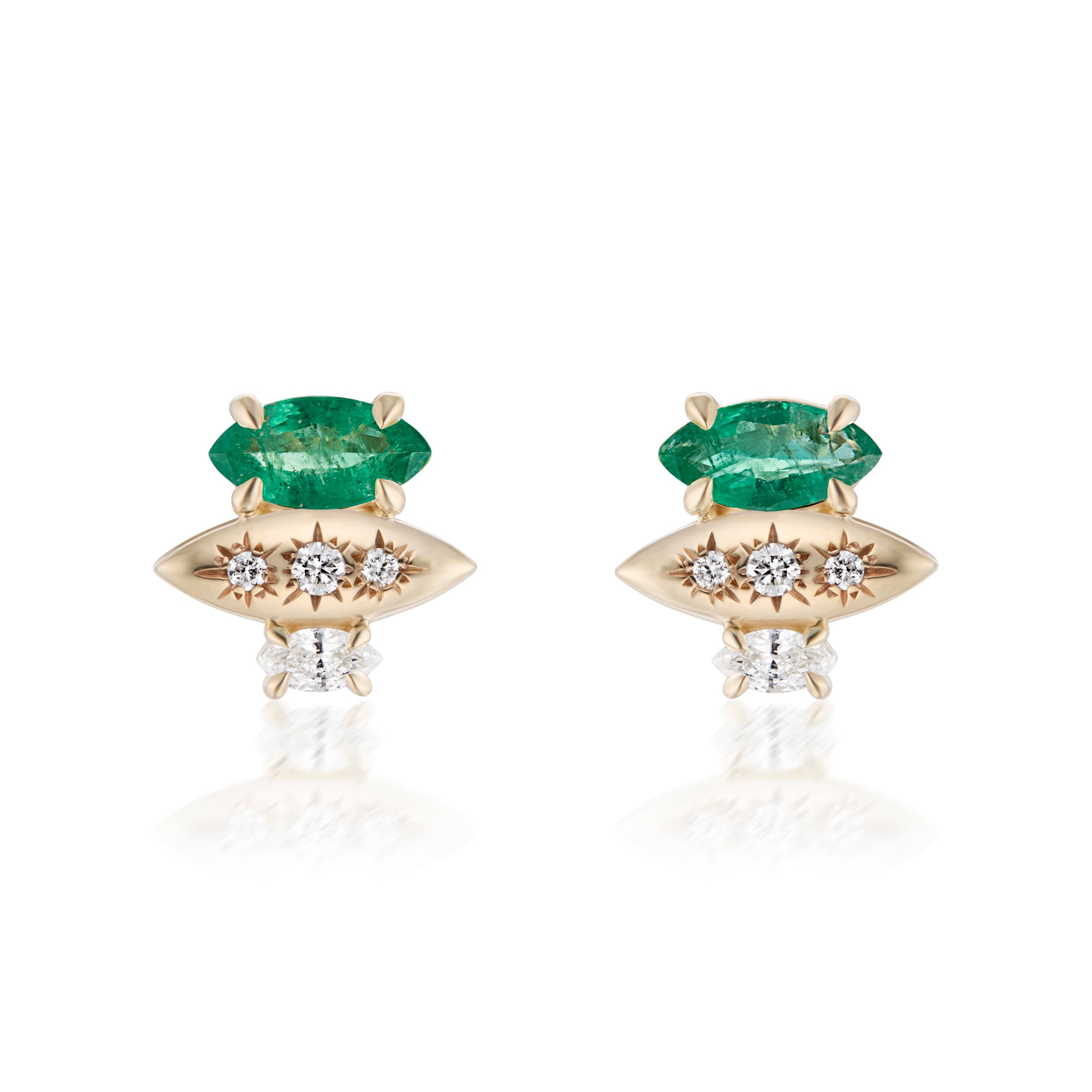 Alt="Vale Jewelry Rainfall Triple Marquise Emerald Earrings Yellow Gold Close Up"