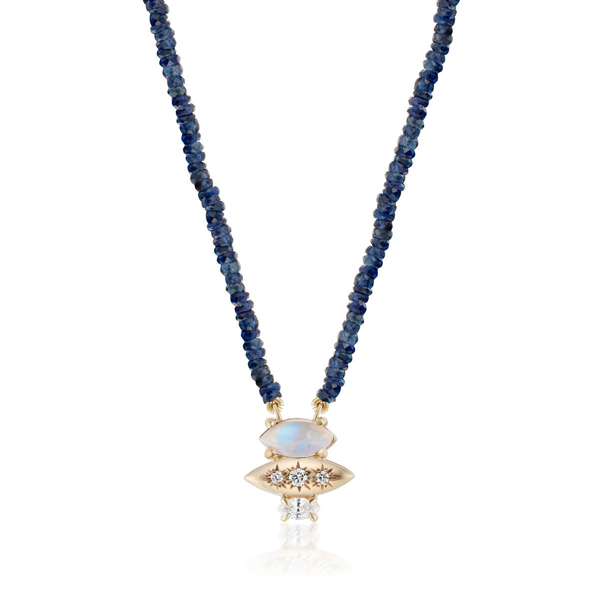 Alt="Vale Jewelry Rainfall Triple Marquise Moonstone and Beaded Sapphire Necklace Yellow Gold Close Up"