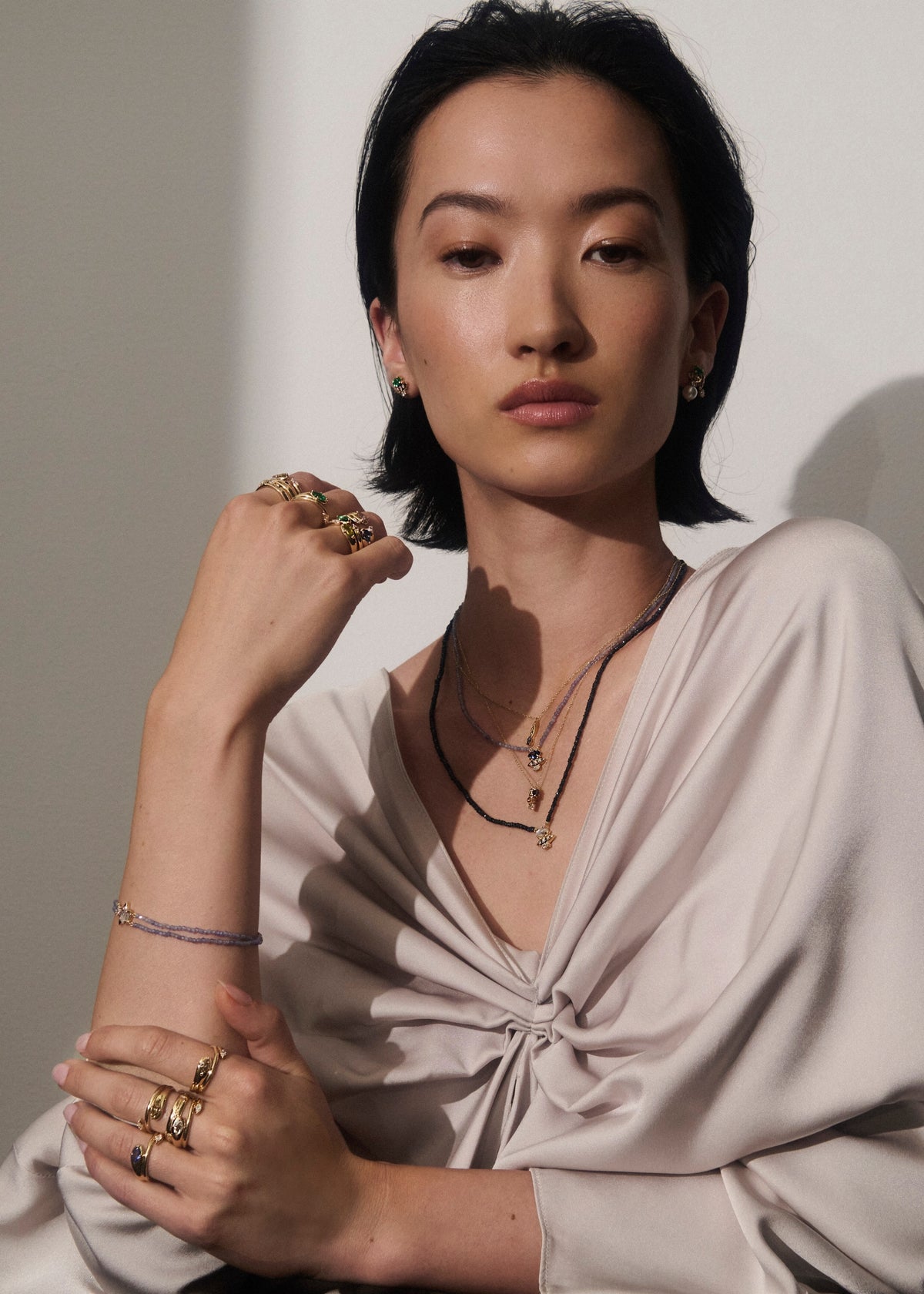 Alt="Vale Jewelry Rainfall Triple Marquise Moonstone and Beaded Sapphire Necklace Yellow Gold worn on model"