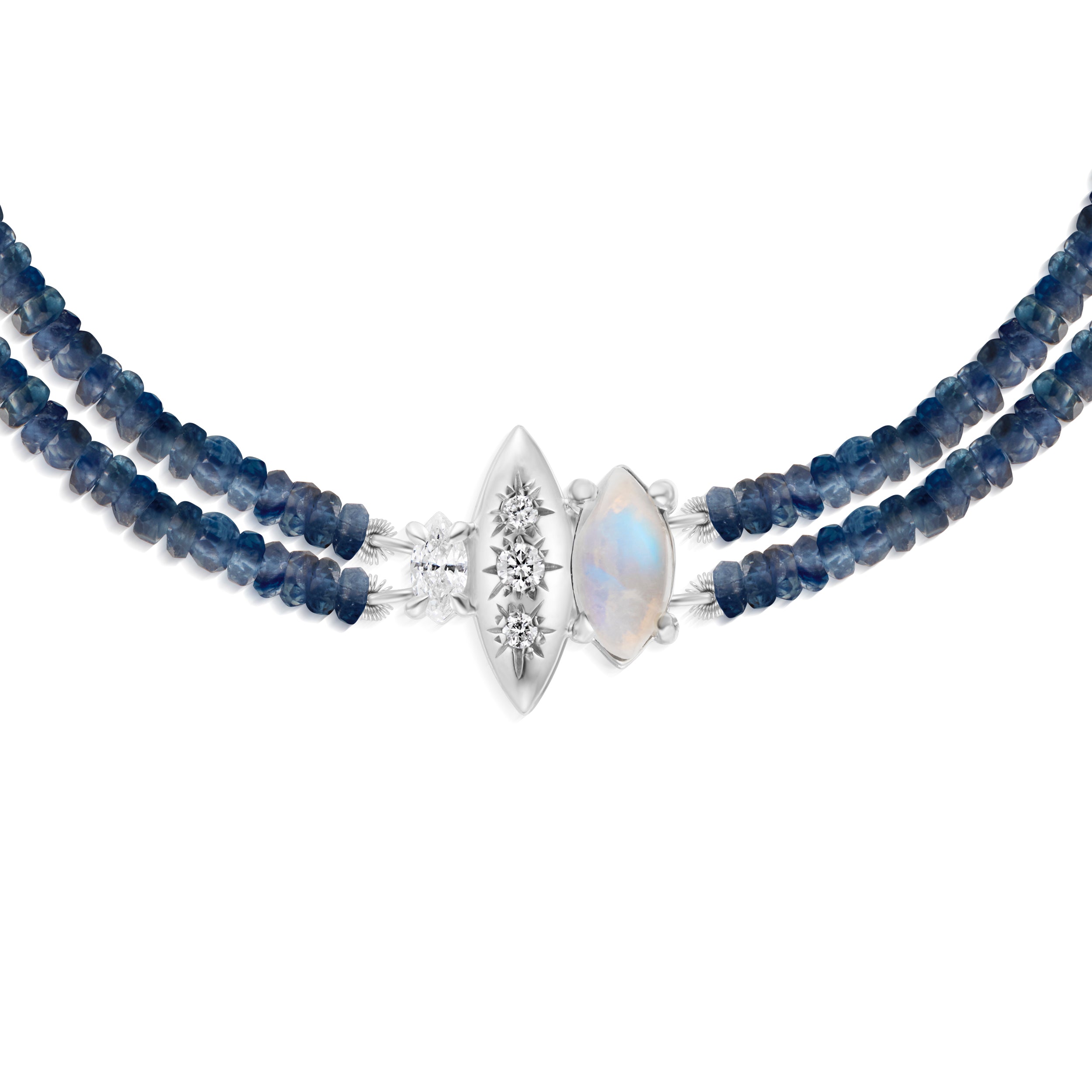 Alt="Vale Jewelry Rainfall Triple Marquise Moonstone Beaded Sapphire Bracelet Close Up White Gold"