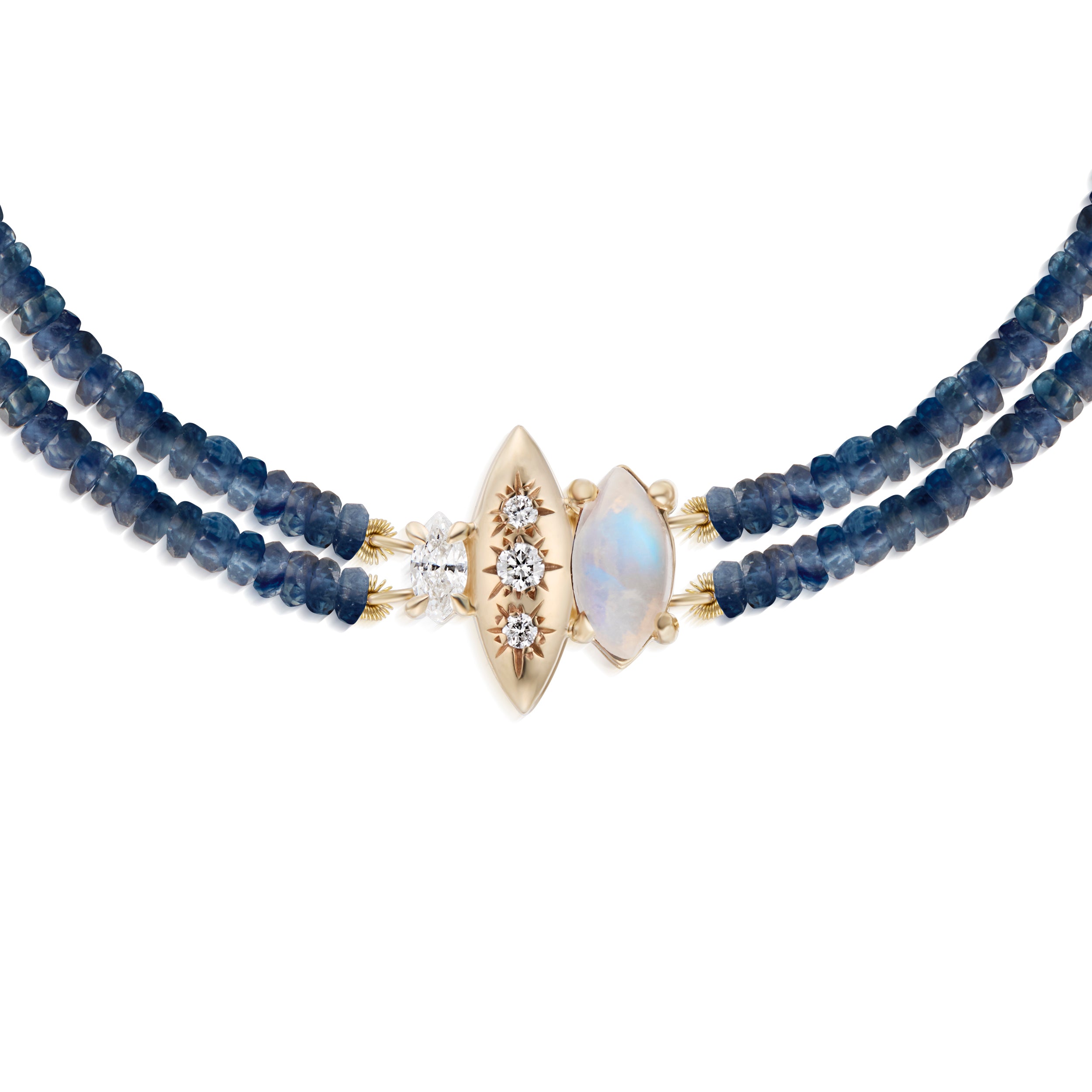 Alt="Vale Jewelry Rainfall Triple Marquise Moonstone Beaded Sapphire Bracelet Close Up Yellow Gold"