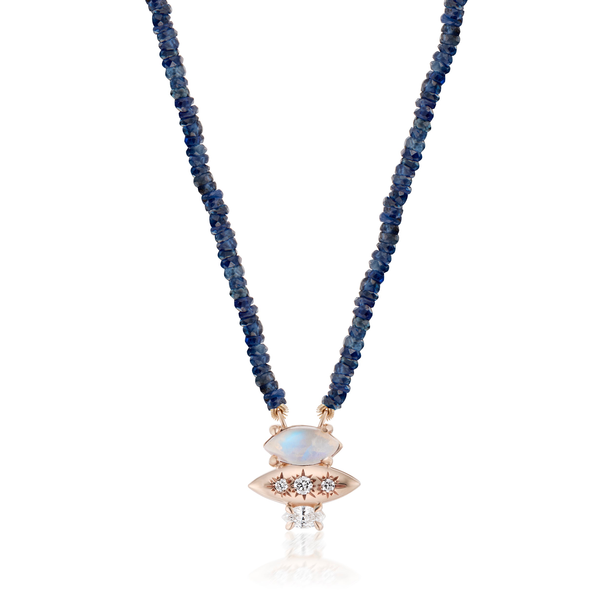 Alt="Vale Jewelry Rainfall Triple Marquise Moonstone and Beaded Sapphire Necklace Rose Gold Close Up"
