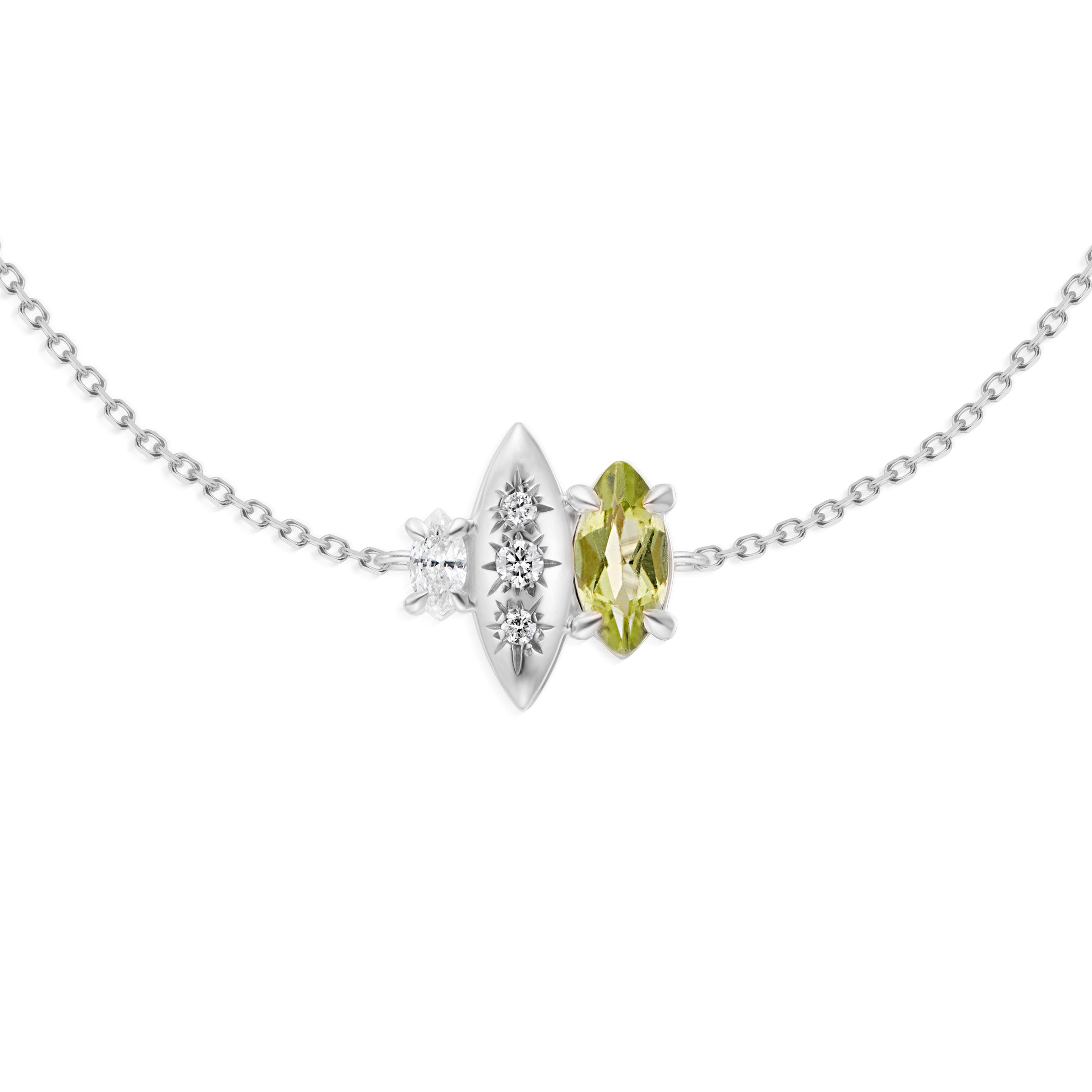 Alt="Vale Jewelry Rainfall Triple Marquise Peridot Bracelet Close Up White Gold"