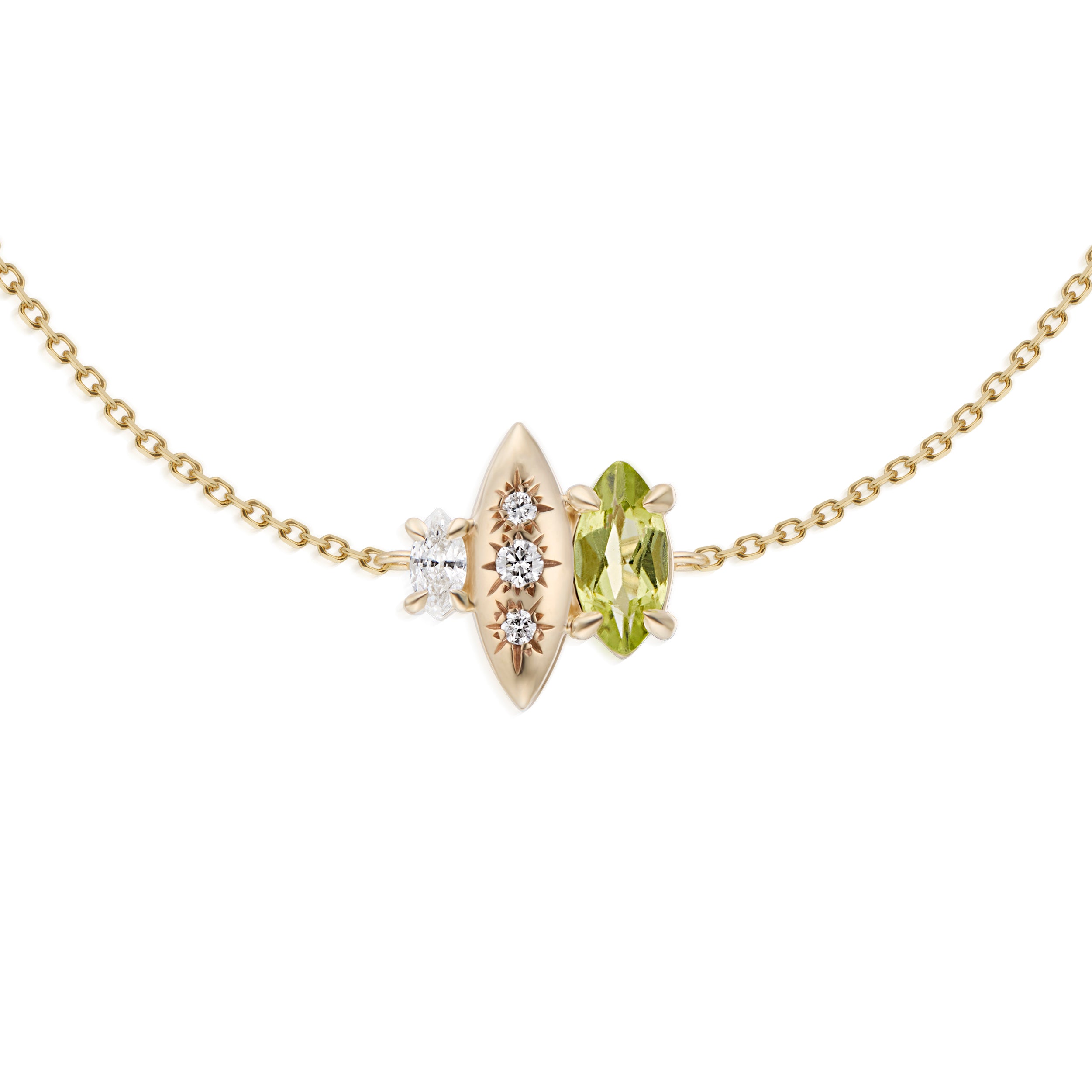 Alt="Vale Jewelry Rainfall Triple Marquise Peridot Bracelet Close Up Yellow Gold"
