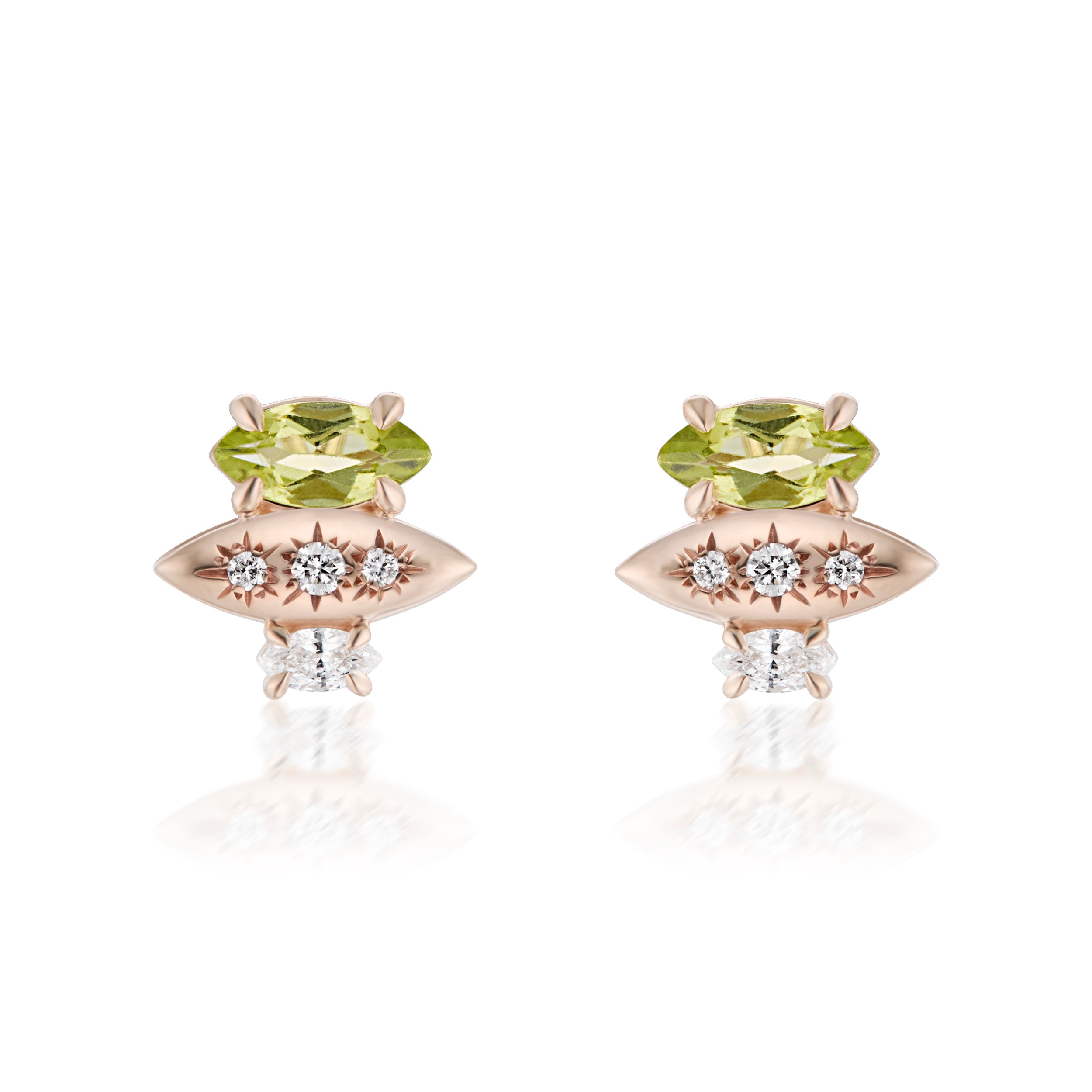 Alt="Vale Jewelry Rainfall Triple Marquise Peridot Earrings Rose Gold Close Up"