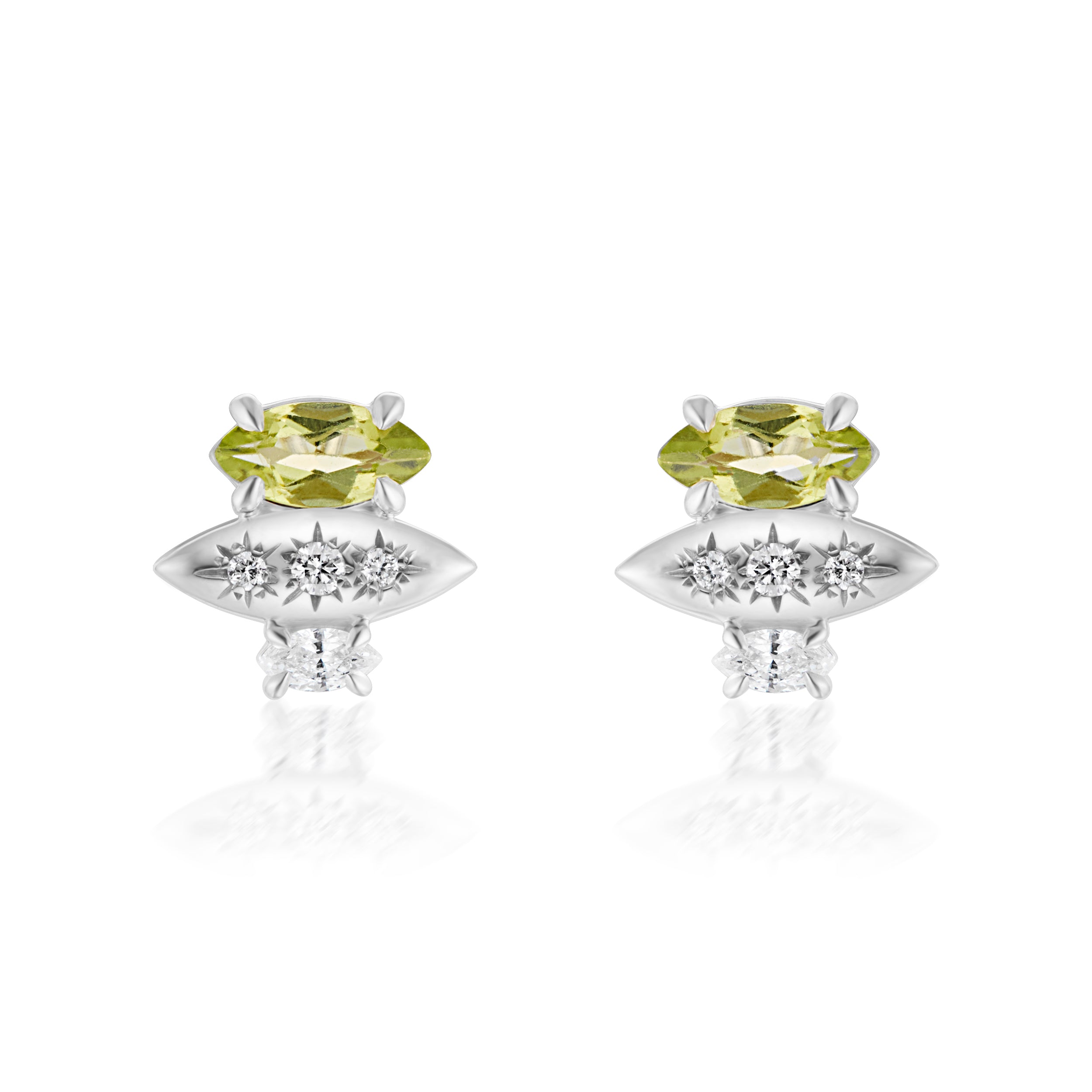 Alt="Vale Jewelry Rainfall Triple Marquise Peridot Earrings White Gold Close Up"