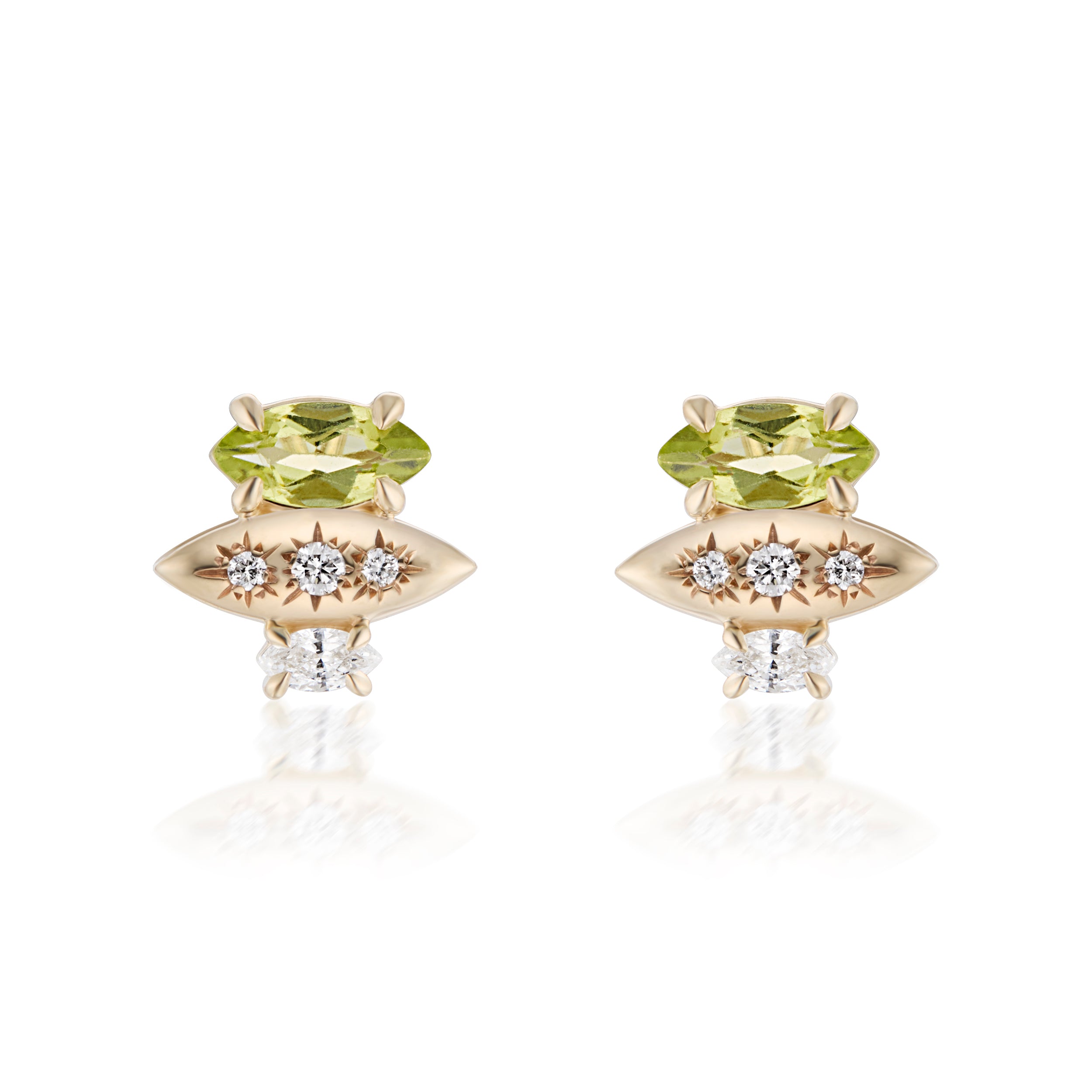 Alt="Vale Jewelry Rainfall Triple Marquise Peridot Earrings Yellow Gold Close Up"