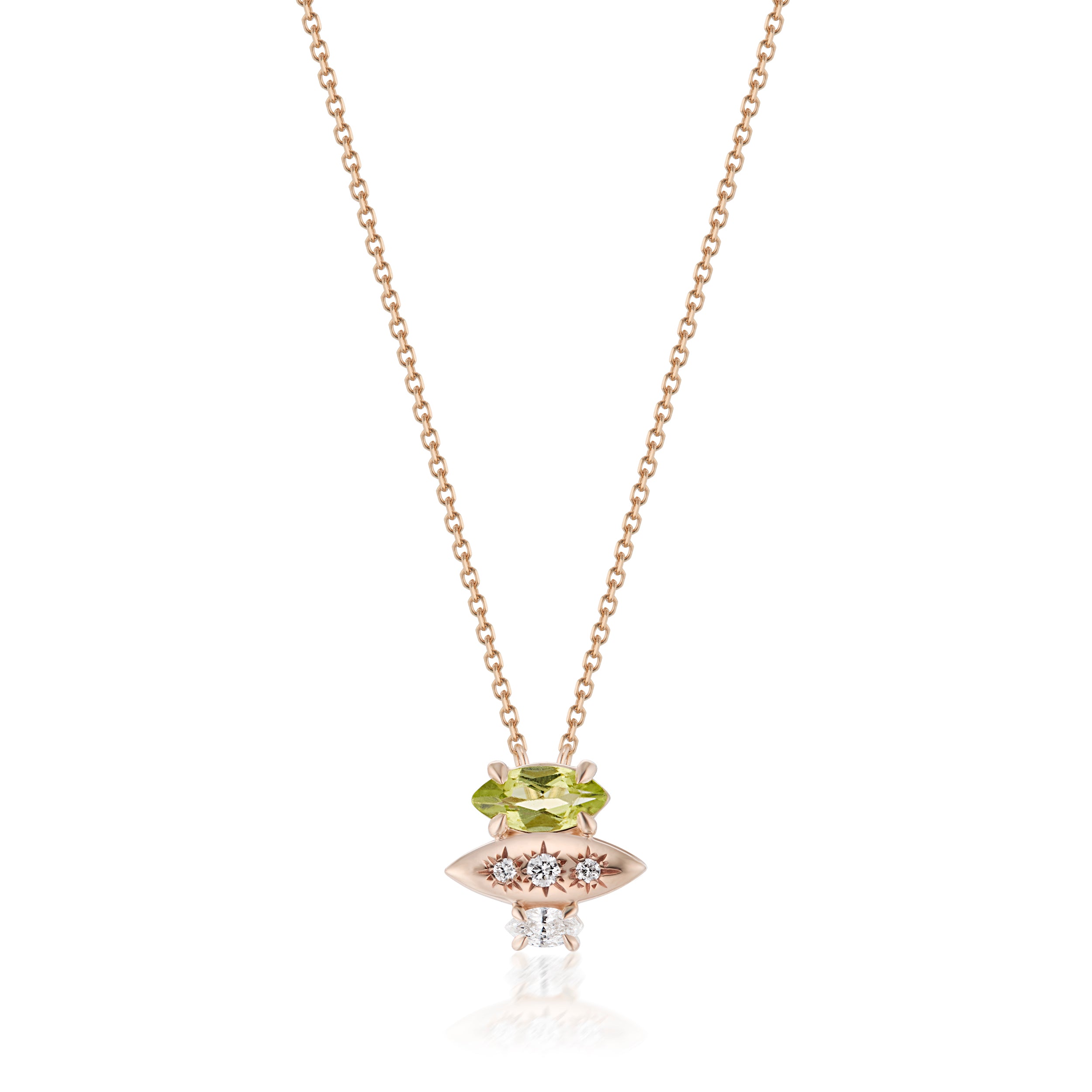 Alt="Vale Jewelry Rainfall Triple Marquise Peridot Necklace Rose Gold Close Up"