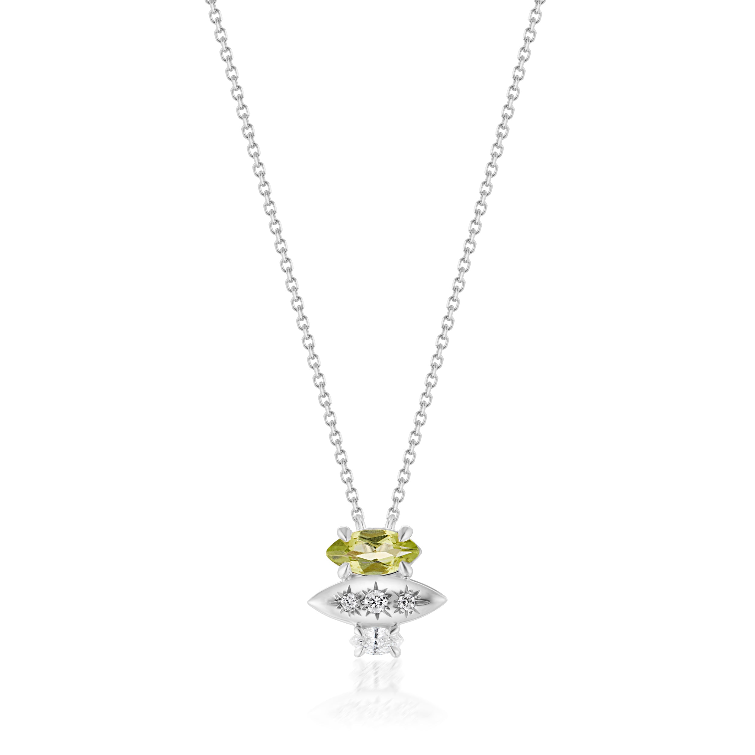 Alt="Vale Jewelry Rainfall Triple Marquise Peridot Necklace White Gold Close Up"