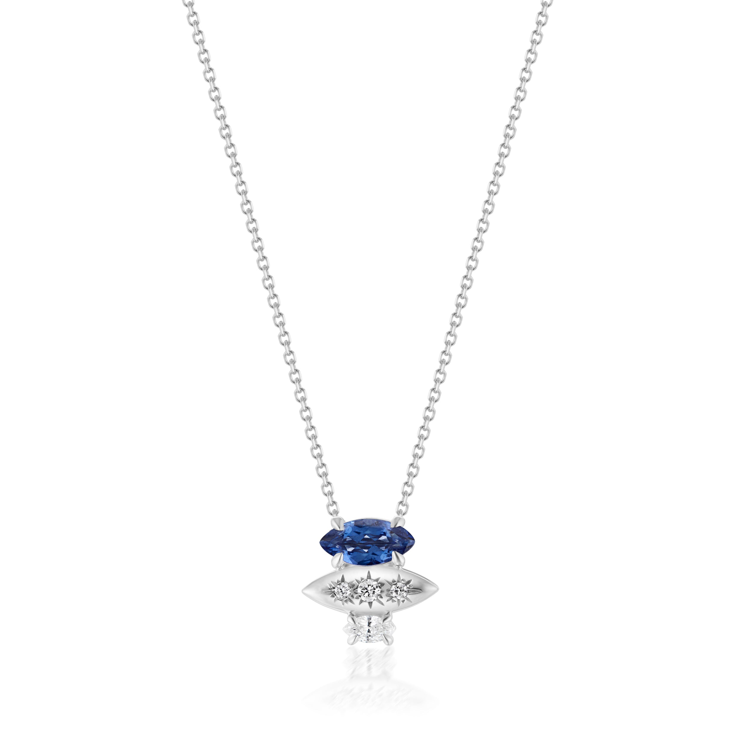 Alt="Vale Jewelry Rainfall Triple Marquise Sapphire Necklace White Gold Close Up"