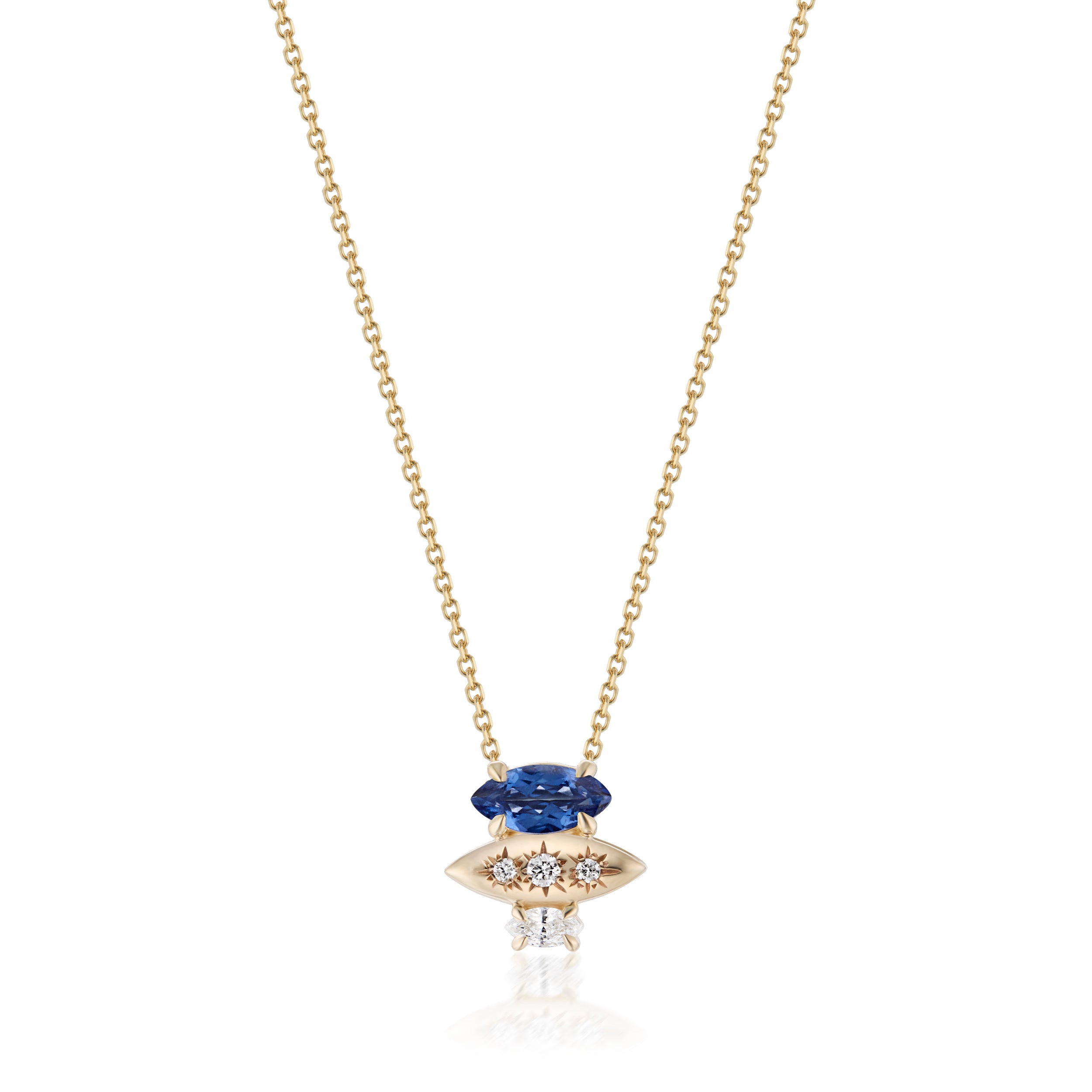 Alt="Vale Jewelry Rainfall Triple Marquise Sapphire Necklace Yellow Gold Close Up"