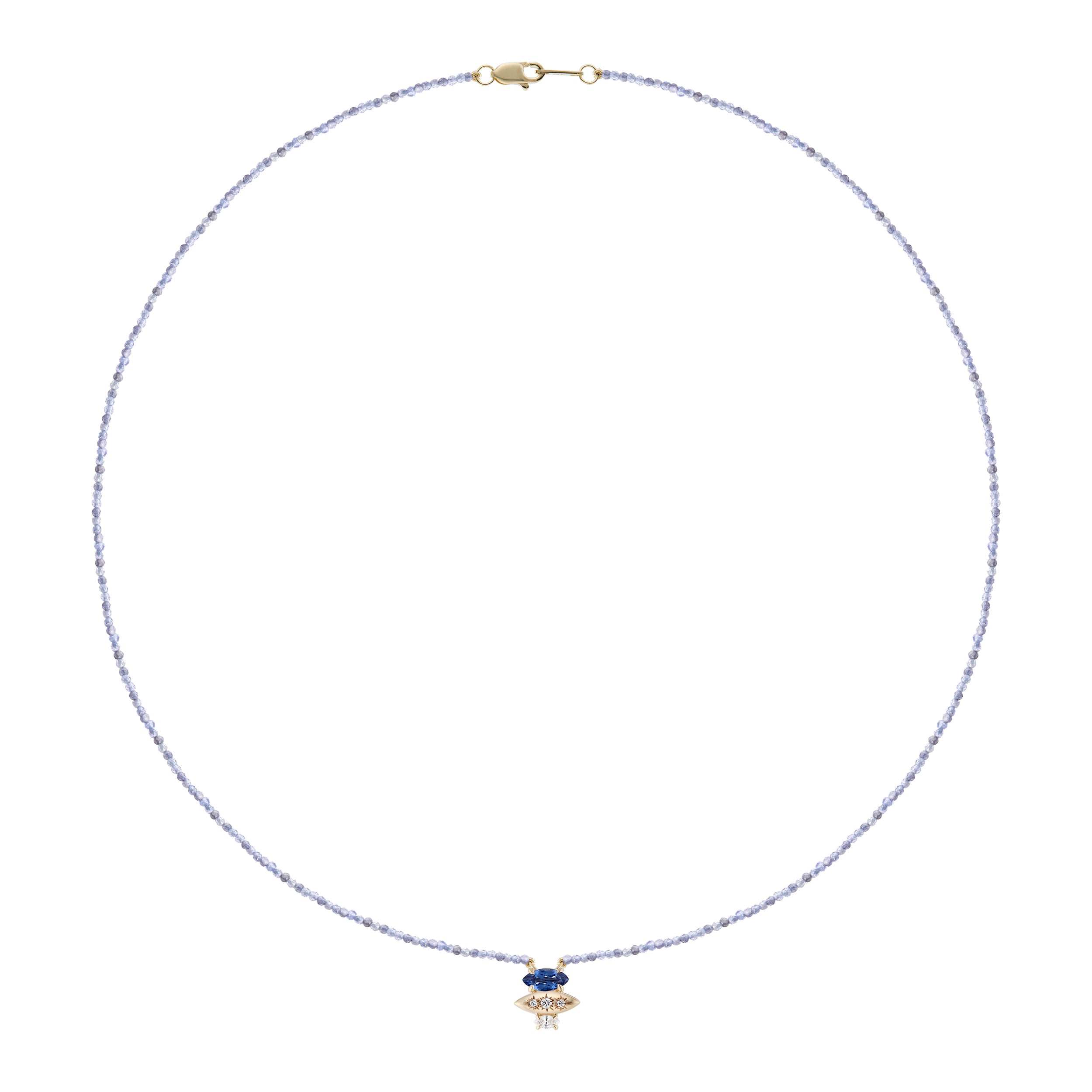 Alt="Vale Jewelry Rainfall Triple Marquise Sapphire and Beaded Tanzanite Necklace Yellow Gold Wide View"